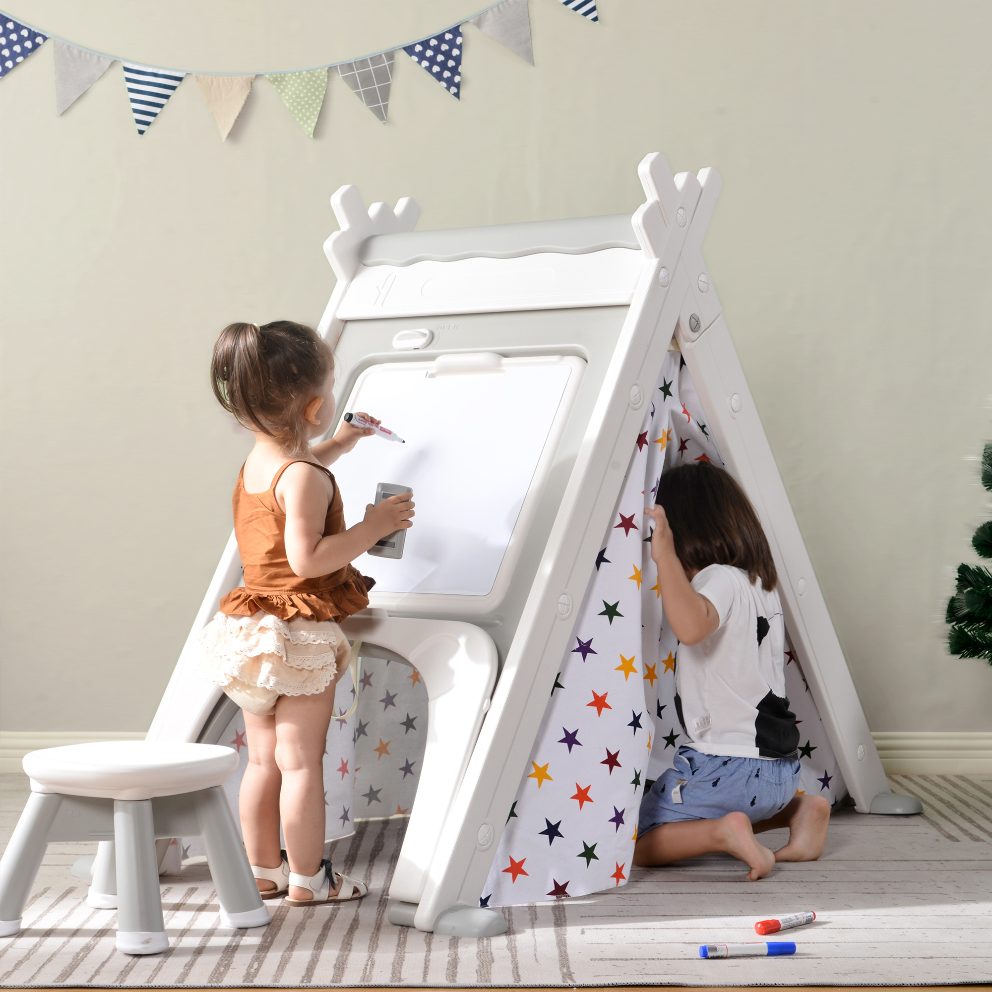 Kids Play Tent - 4 in 1 Teepee Tent with Stool and Climber, Foldable Playhouse Tent for Boys  Girls-CASAINC