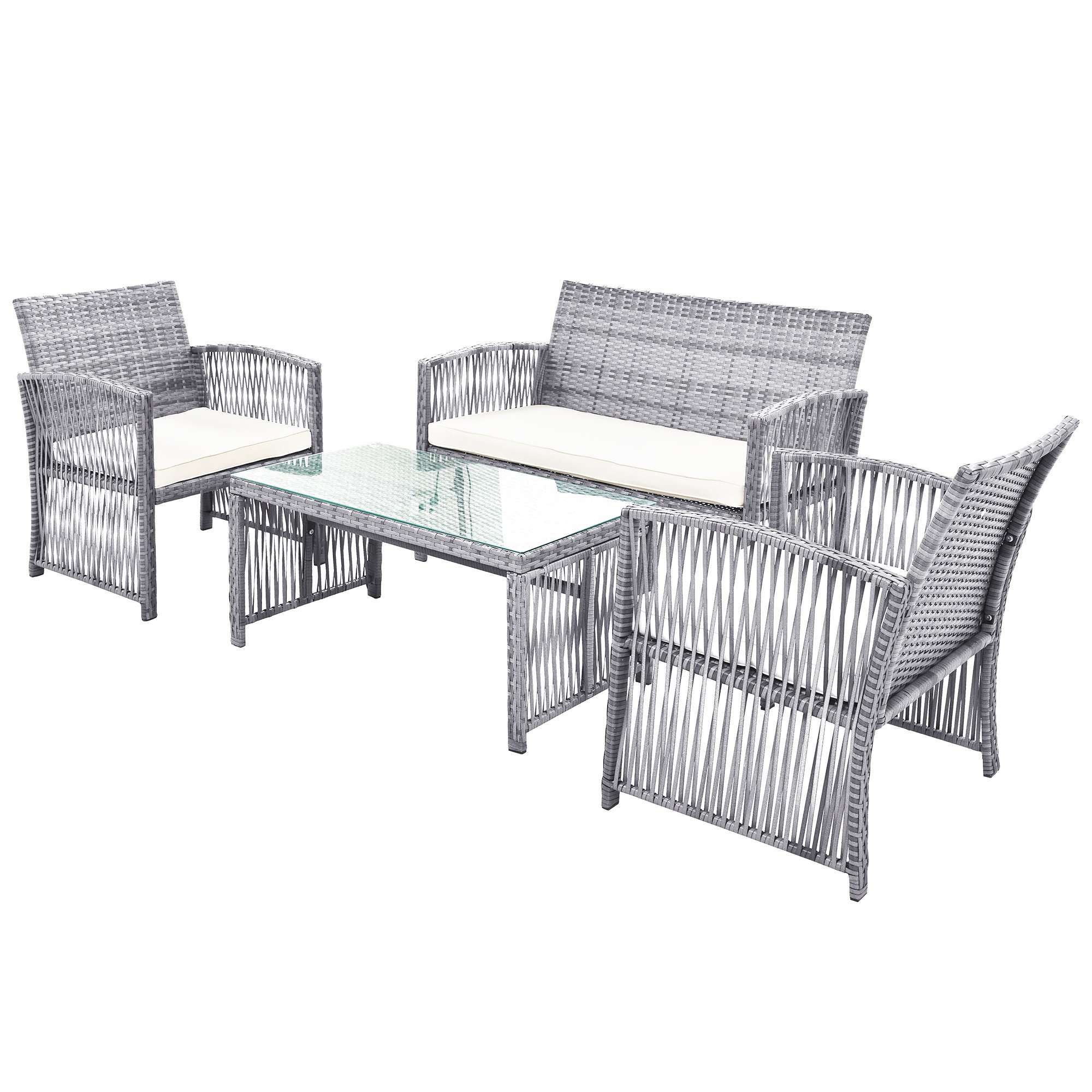 4 Pieces Outdoor Furniture Rattan Chair & Table Patio Set Outdoor Sofa for Garden, Backyard,Porch and Poolside, Gray-CASAINC