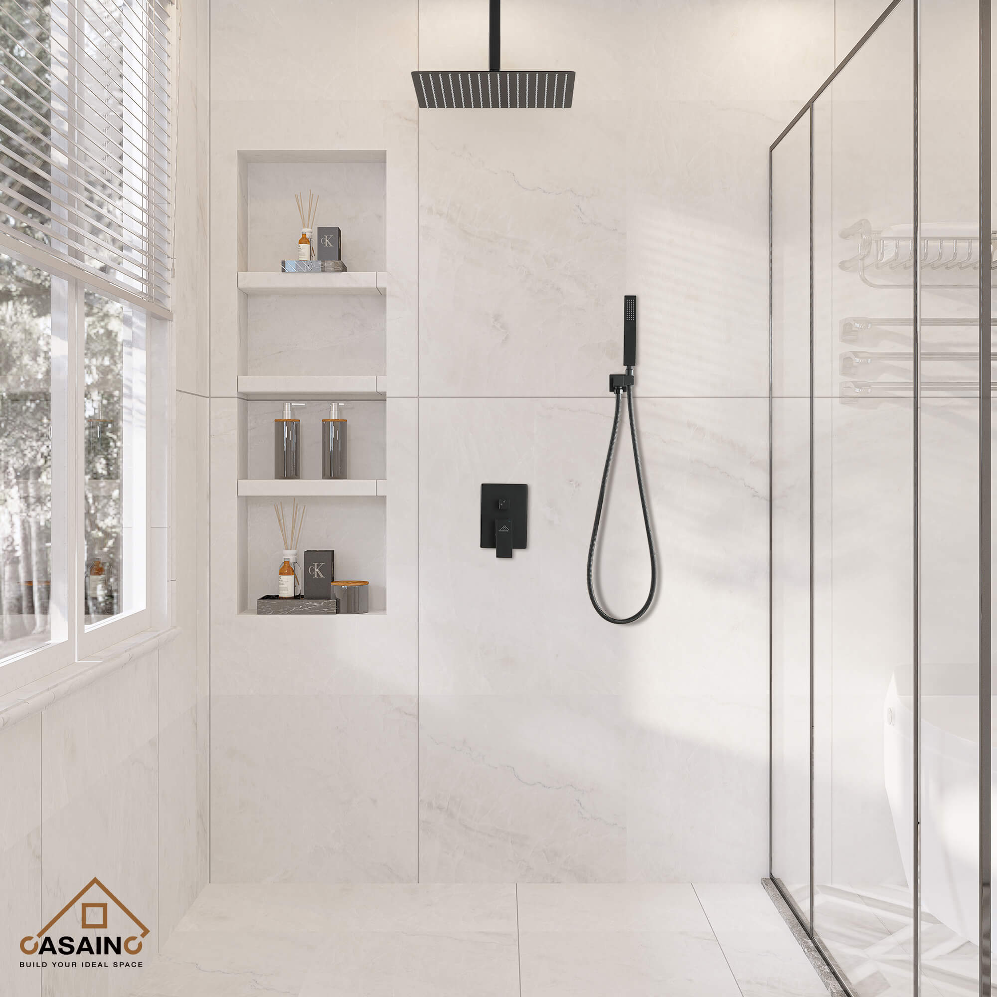 CASAINC Wall-Mounted/Ceiling-Mounted 2-Function Shower System with Handheld Shower in Matte Black