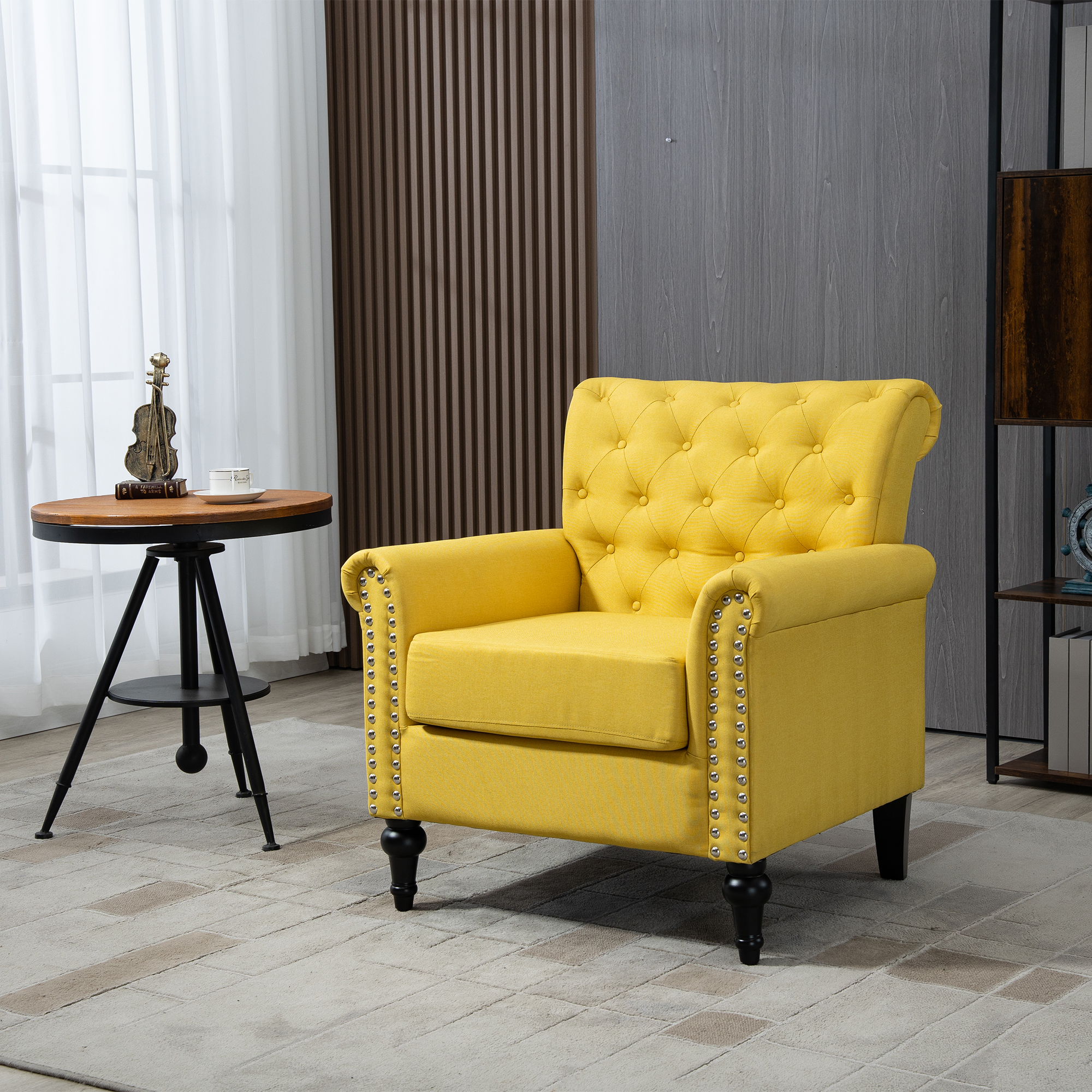 Mid-Century Modern Accent Chair, Velvet Armchair w/Tufted Back/Wood Legs, Upholstered Lounge Arm Chair Single Sofa for Living Room Bedroom, YELLOW-CASAINC