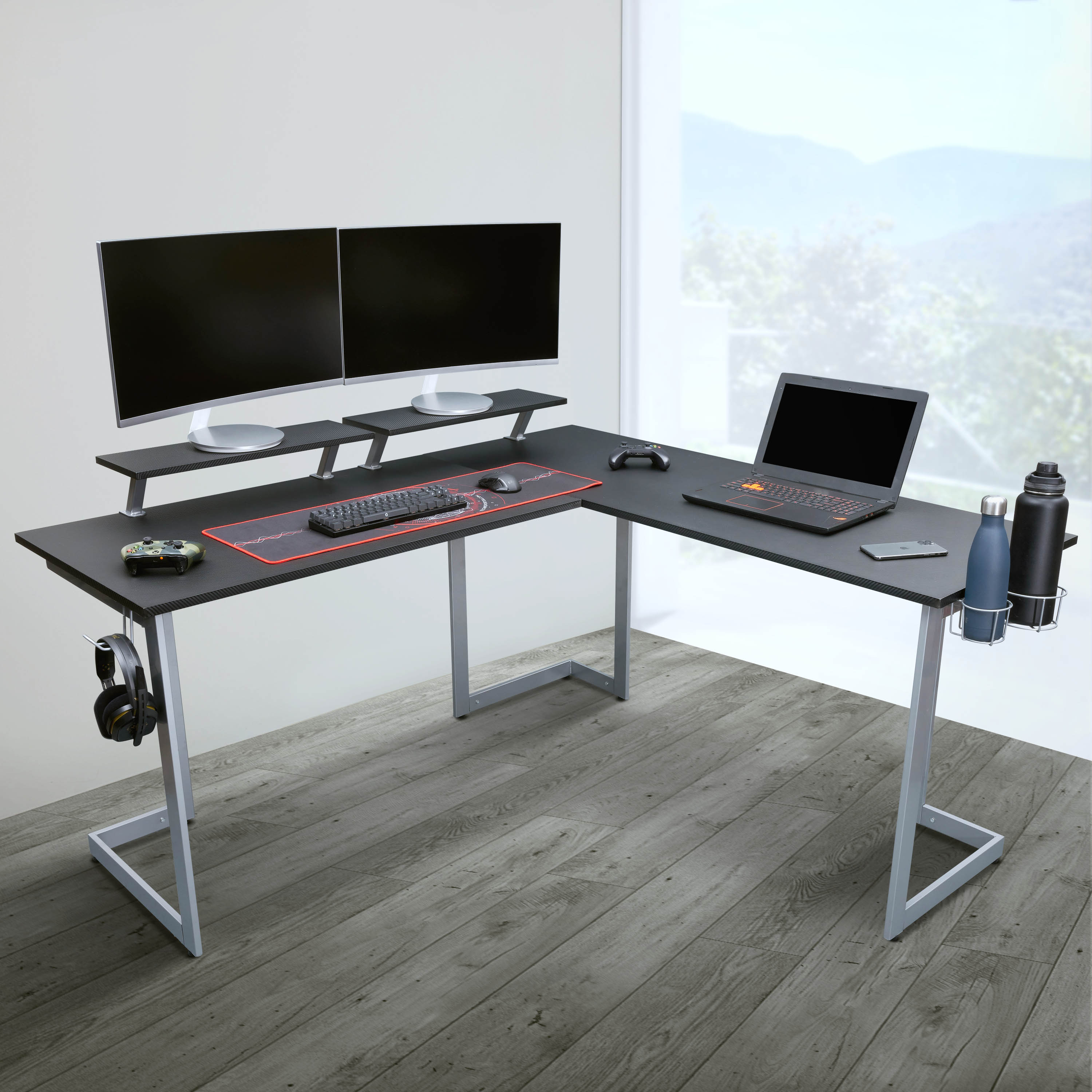 Techni Sport Warrior L-Shaped Gaming Desk, Black-CASAINC