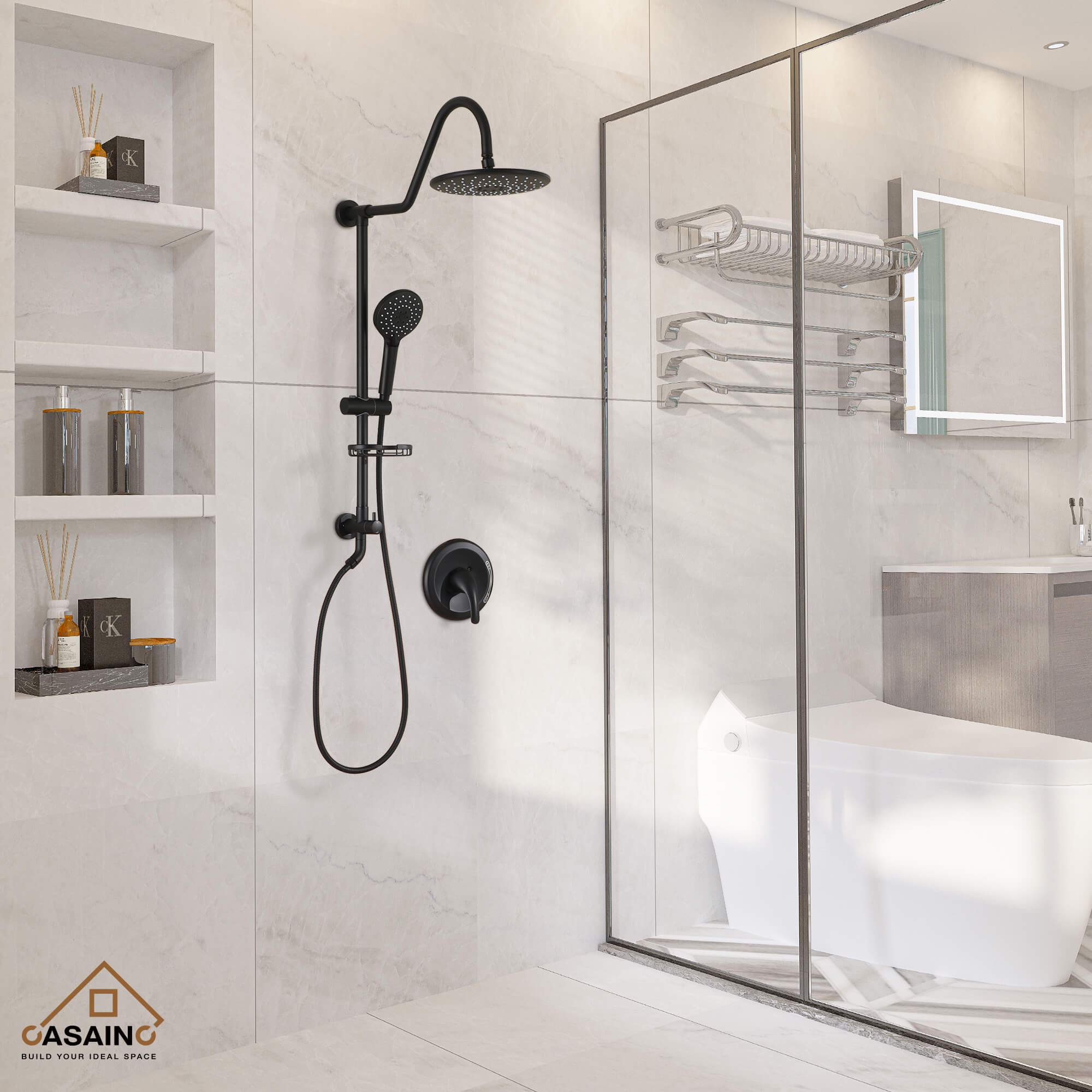 Casainc Matte Black Dual Shower Heads System with 3 Spray Patterns Hand Shower
