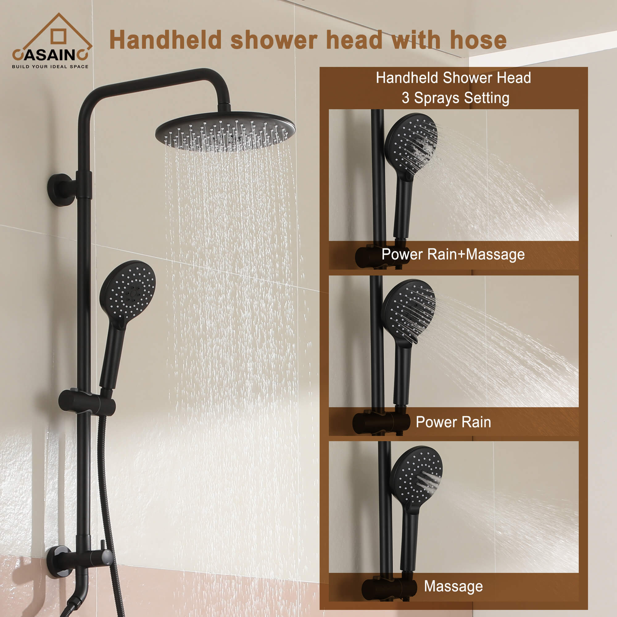 Casainc Matte Black 3-Spray Patterns Built-in Shower System