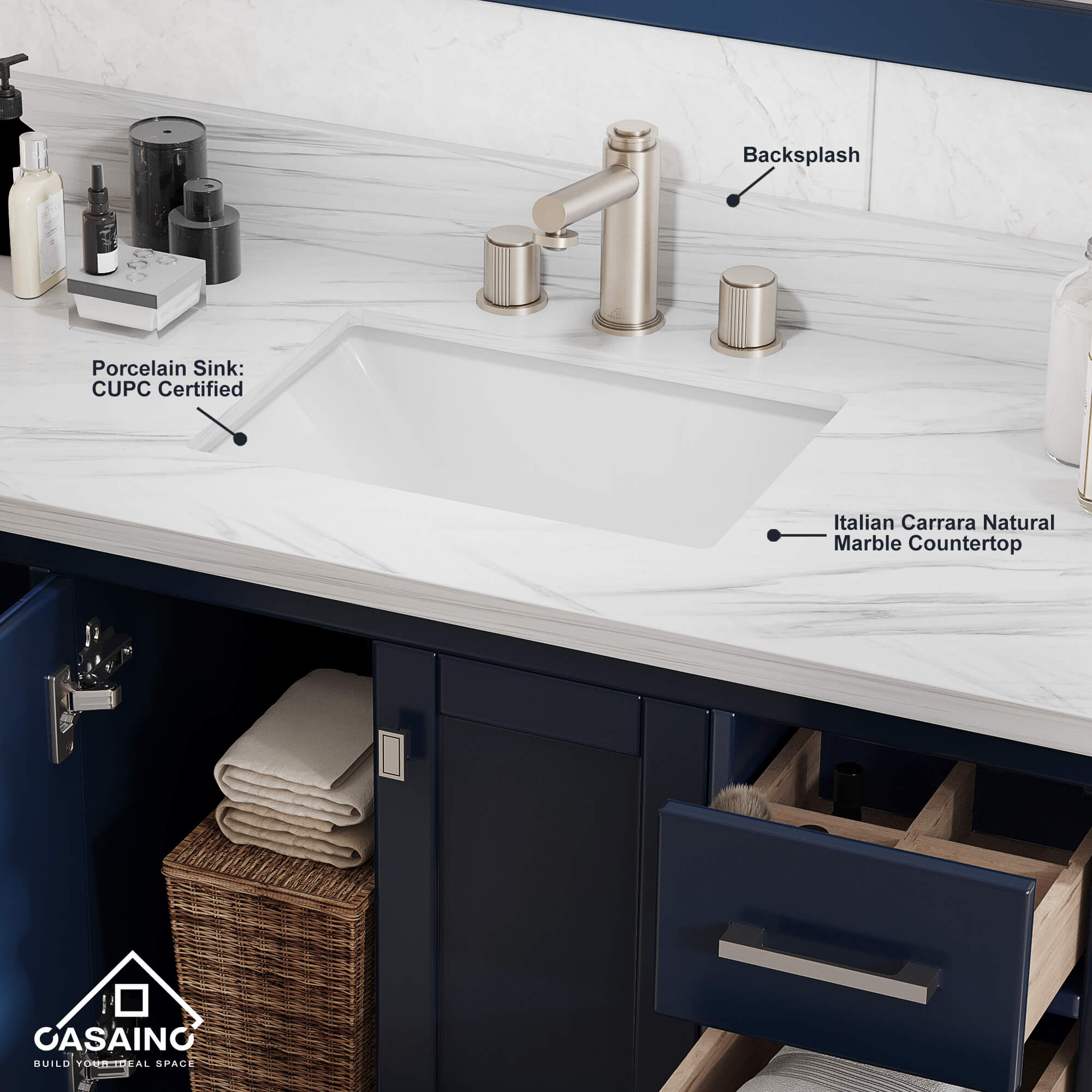 CASAINC 48 x 22 x 35.4 in. Solid Wood Navy Blue Bath Vanity with Carrara White Marble Countertop (No/With Mirror)