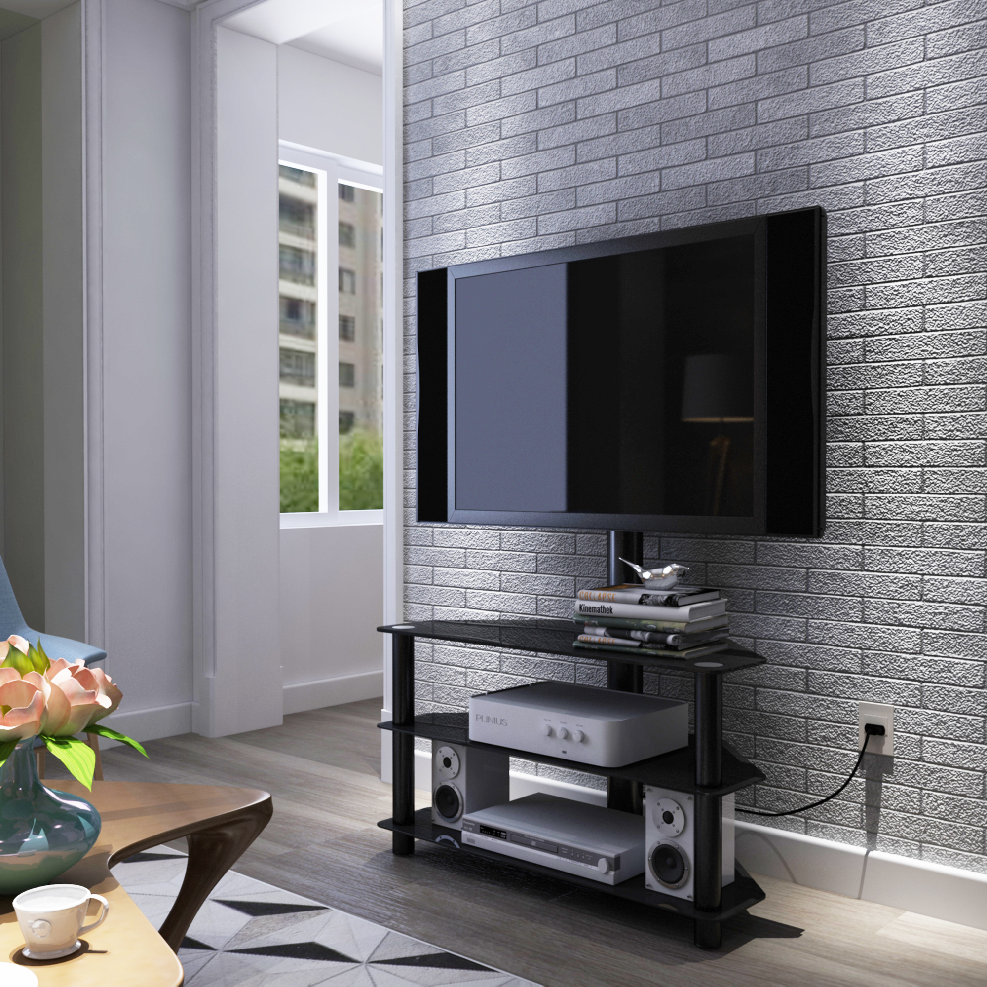 Black Multi-function TV Stand Height Adjustable Bracket Swivel 3-Tier-CASAINC
