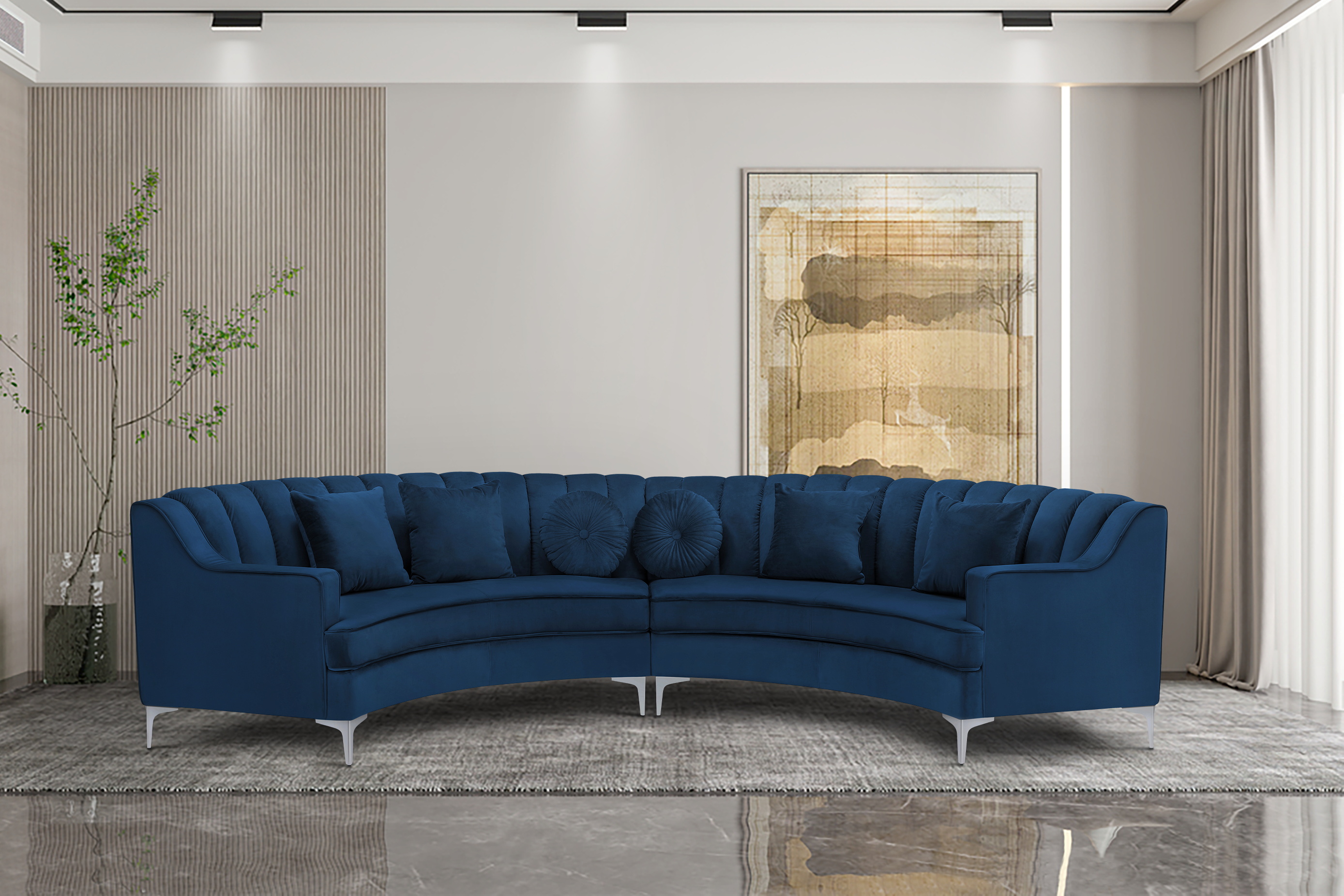 Curved Symmetrical Sectional sofa Navy Blue Velvet-CASAINC