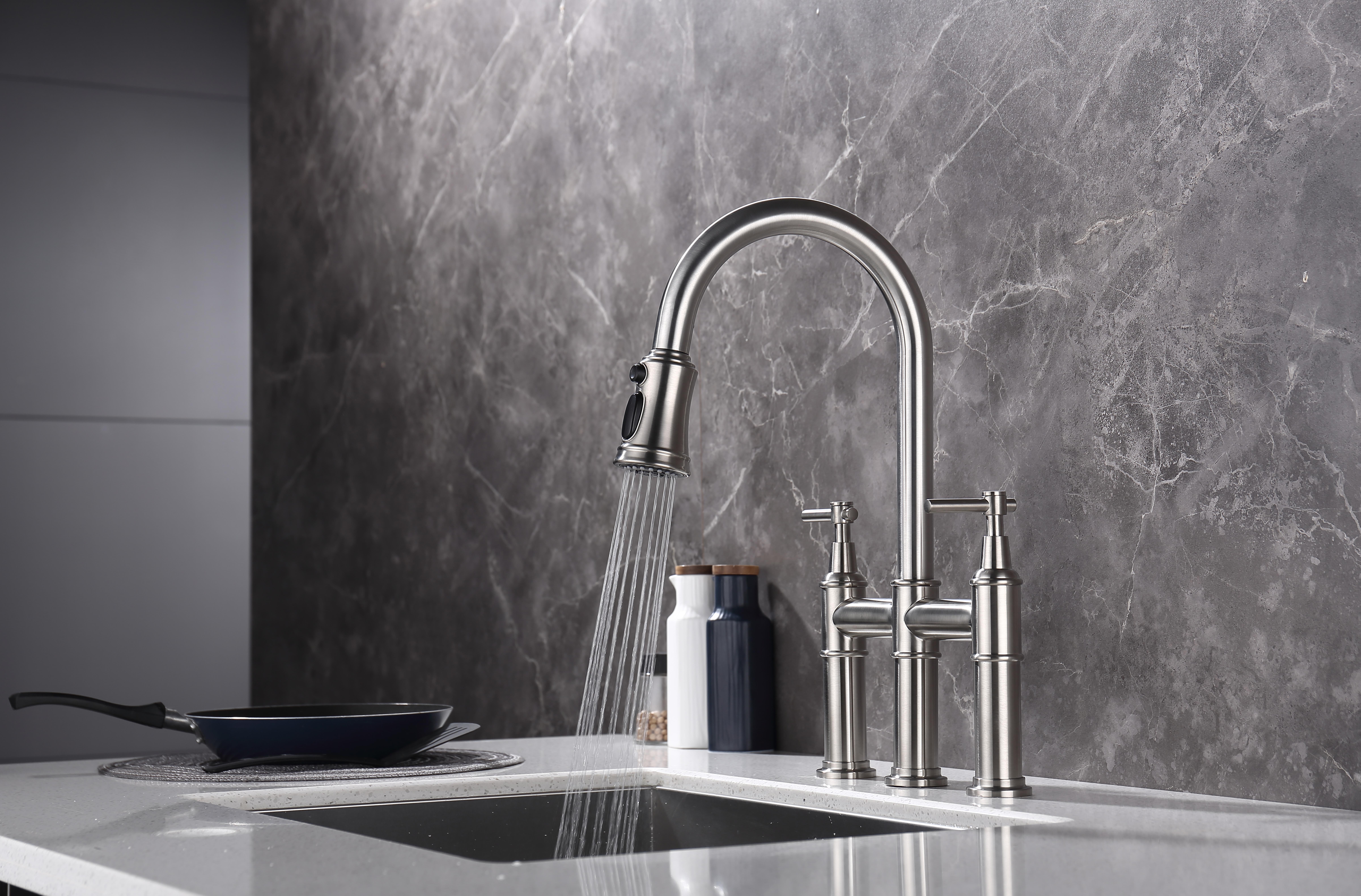 Bridge Kitchen Faucet with Pull-Down Sprayhead in Spot