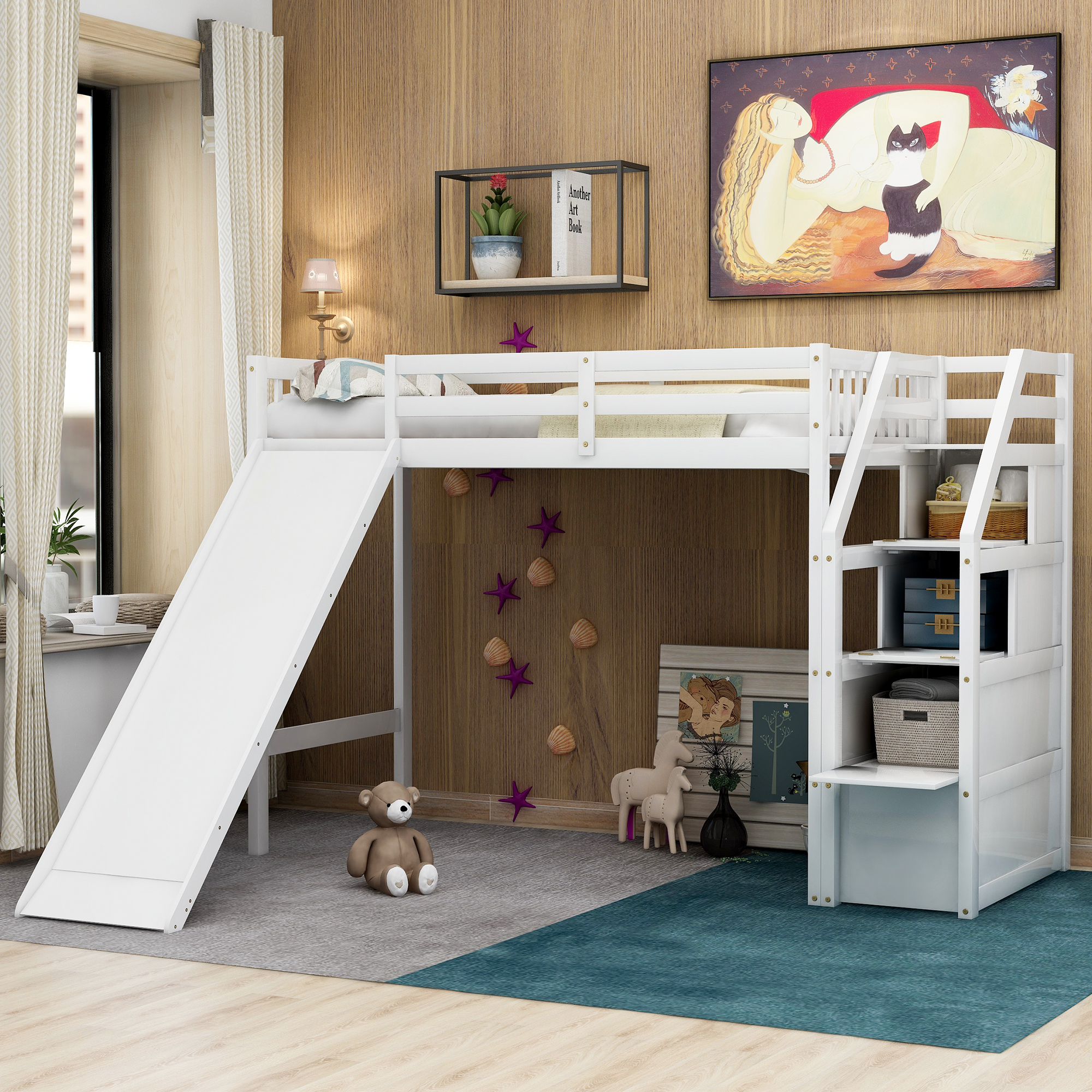 Twin Size Loft Bed with Storage and Slide, White-CASAINC