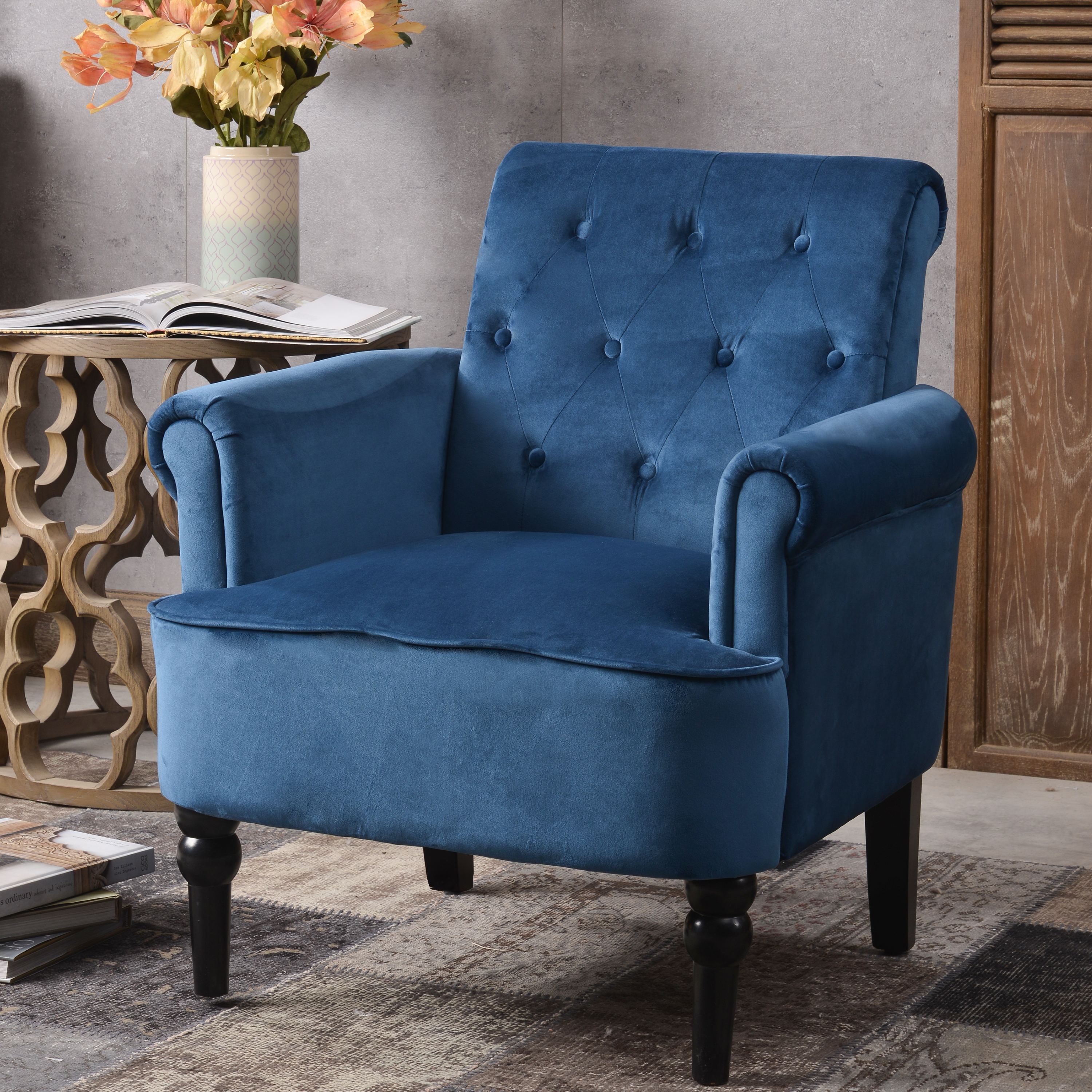 Elegant Button Tufted Club Chair Accent Armchairs Roll Arm Living Room Cushion with Wooden Legs, Navy Blue-CASAINC