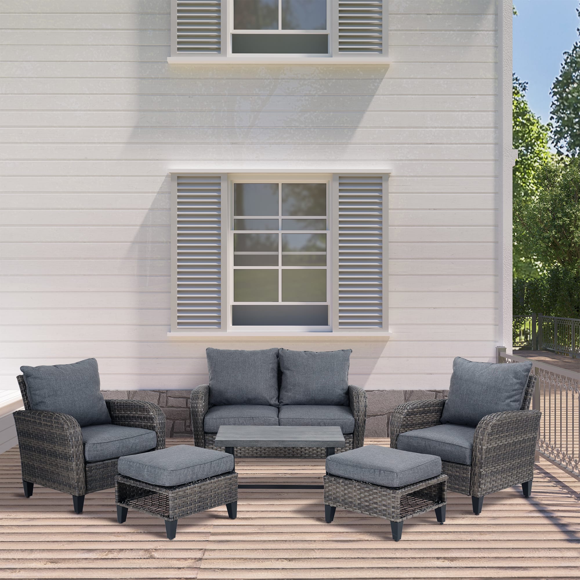 6 Piece Rattan Courtyard Conversation Seat Sofa Set with Dark Gray Cushions