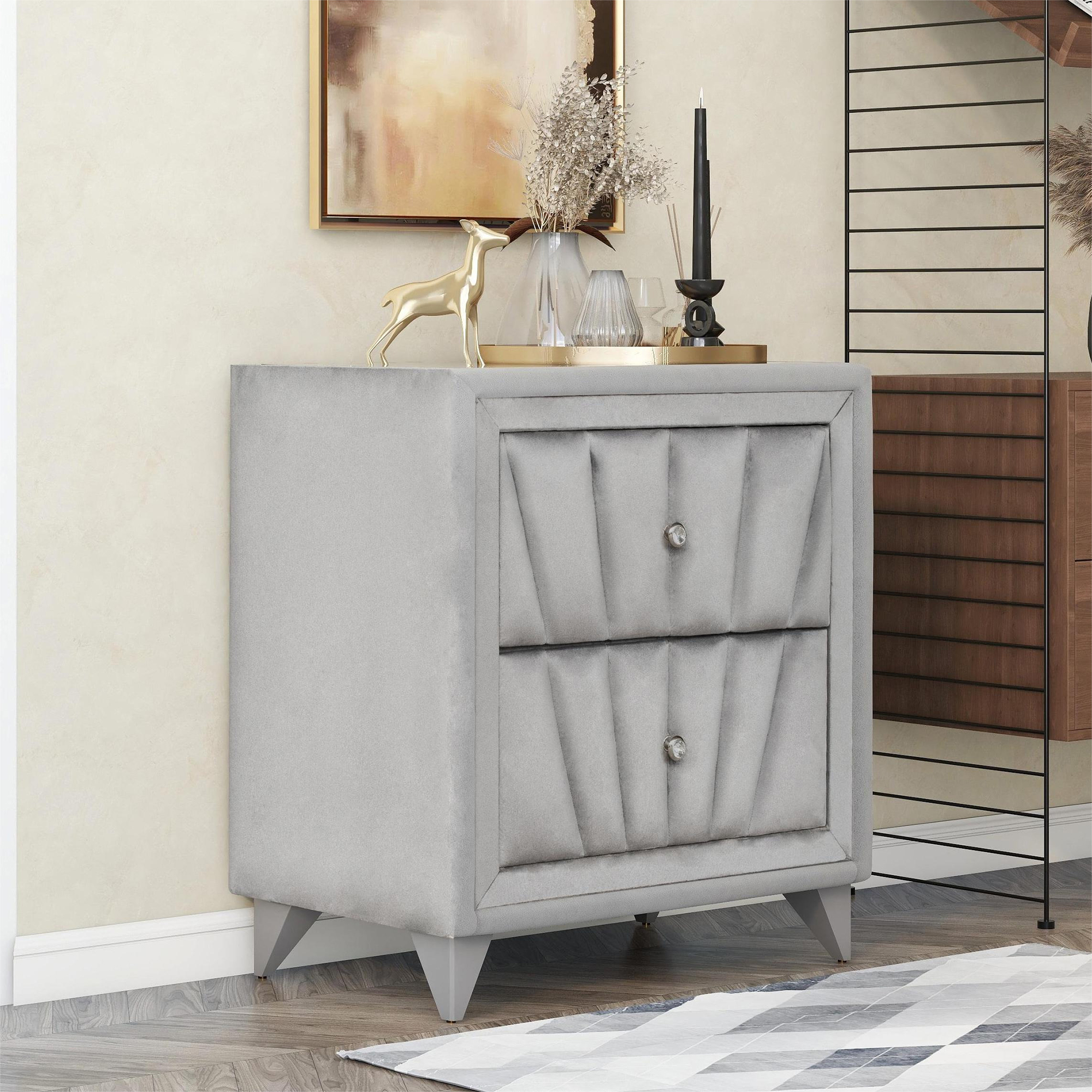 Upholstered Wooden Nightstand with Two Drawers ,Bedside Table with Velvet Fabric and Glass Worktop Silver Grey