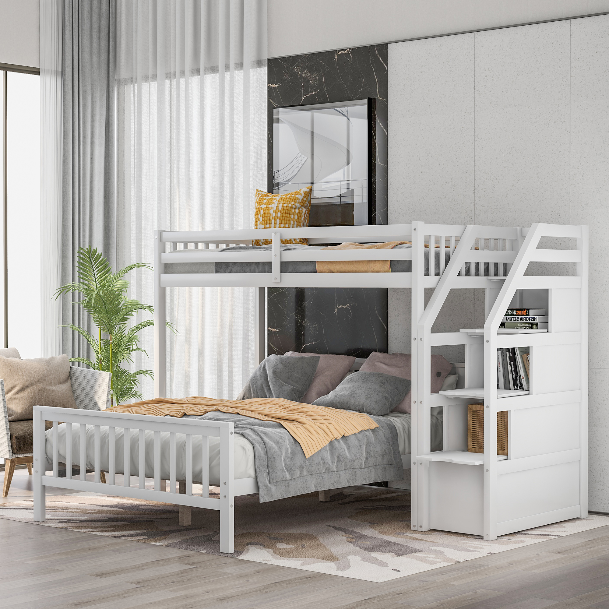 Twin over Full Loft Bed with Staircase,White(OLD SKU:SM000107AAK)-CASAINC