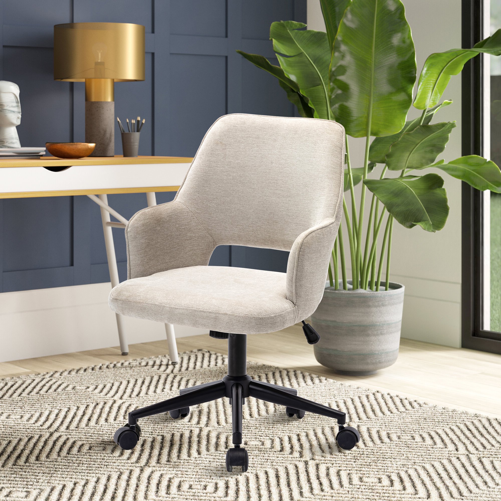 Chenille Upholstered Office Chair with Curved Arms and Tilted Seat-CASAINC
