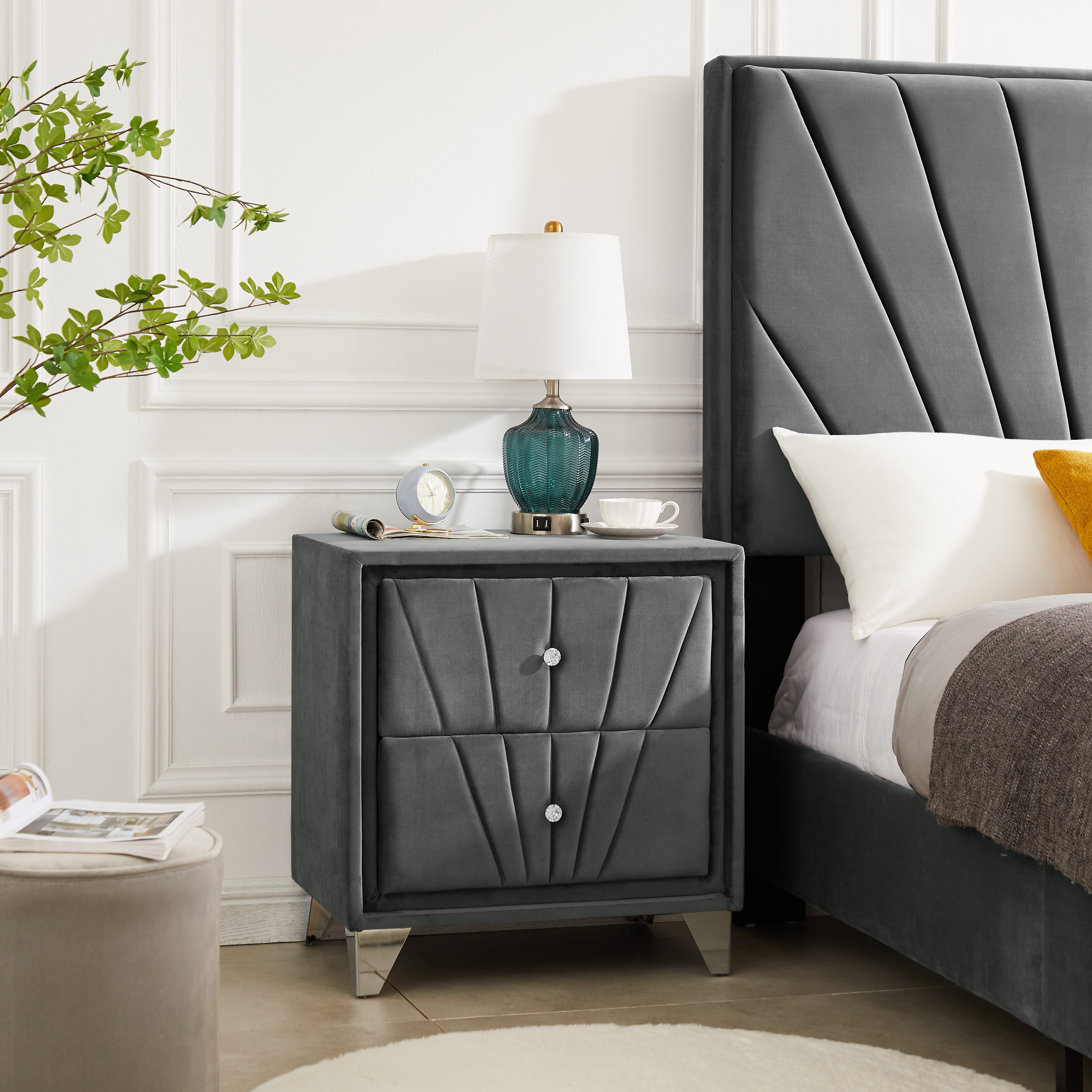 B108-TA Simple beautiful double-decker nightstand, metal legs，Gray Flannelette-CASAINC