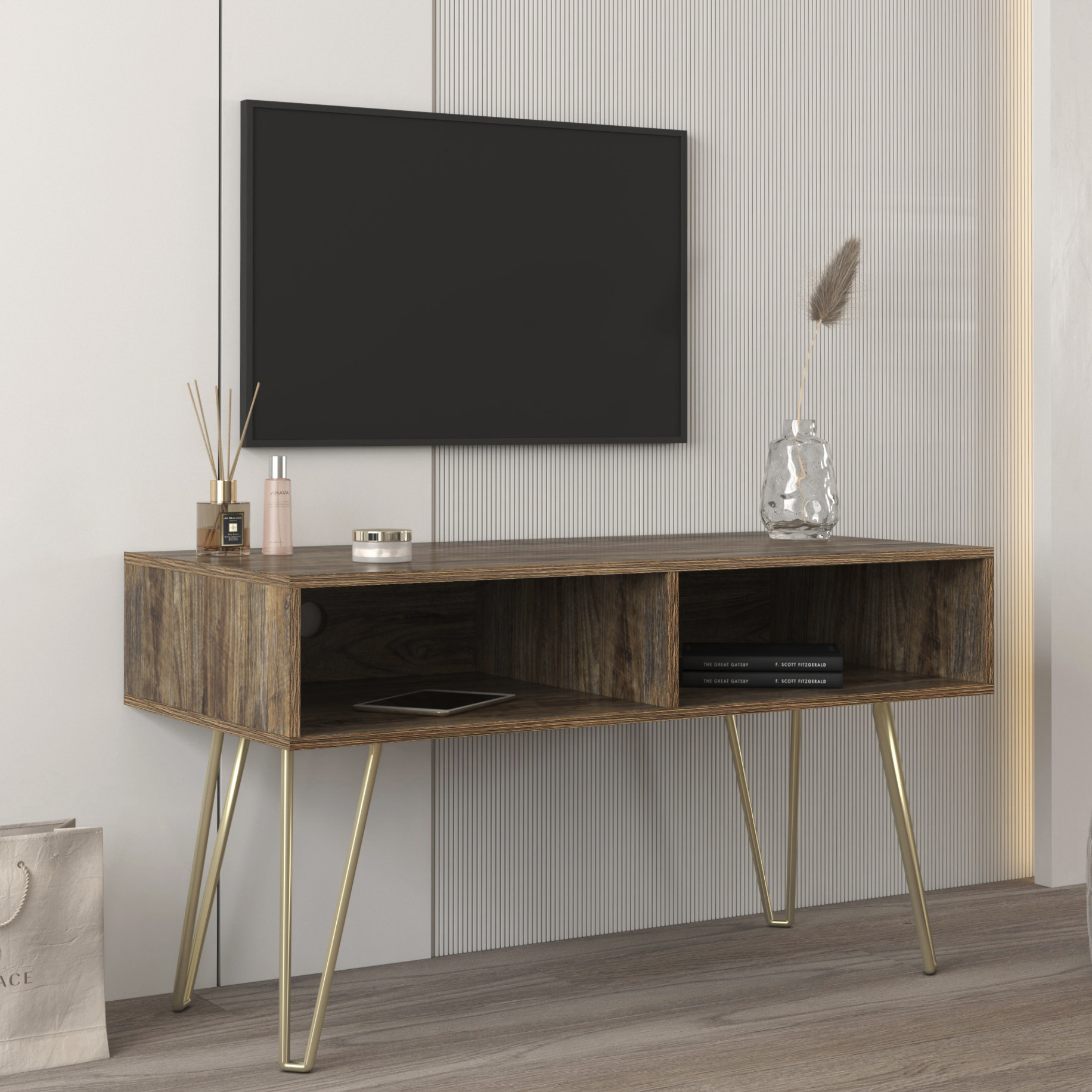 Modern Design TV stand stable Metal Legs  with 2 open shelves to put TV, DVD, router, books, and small ornaments,Espresso-CASAINC