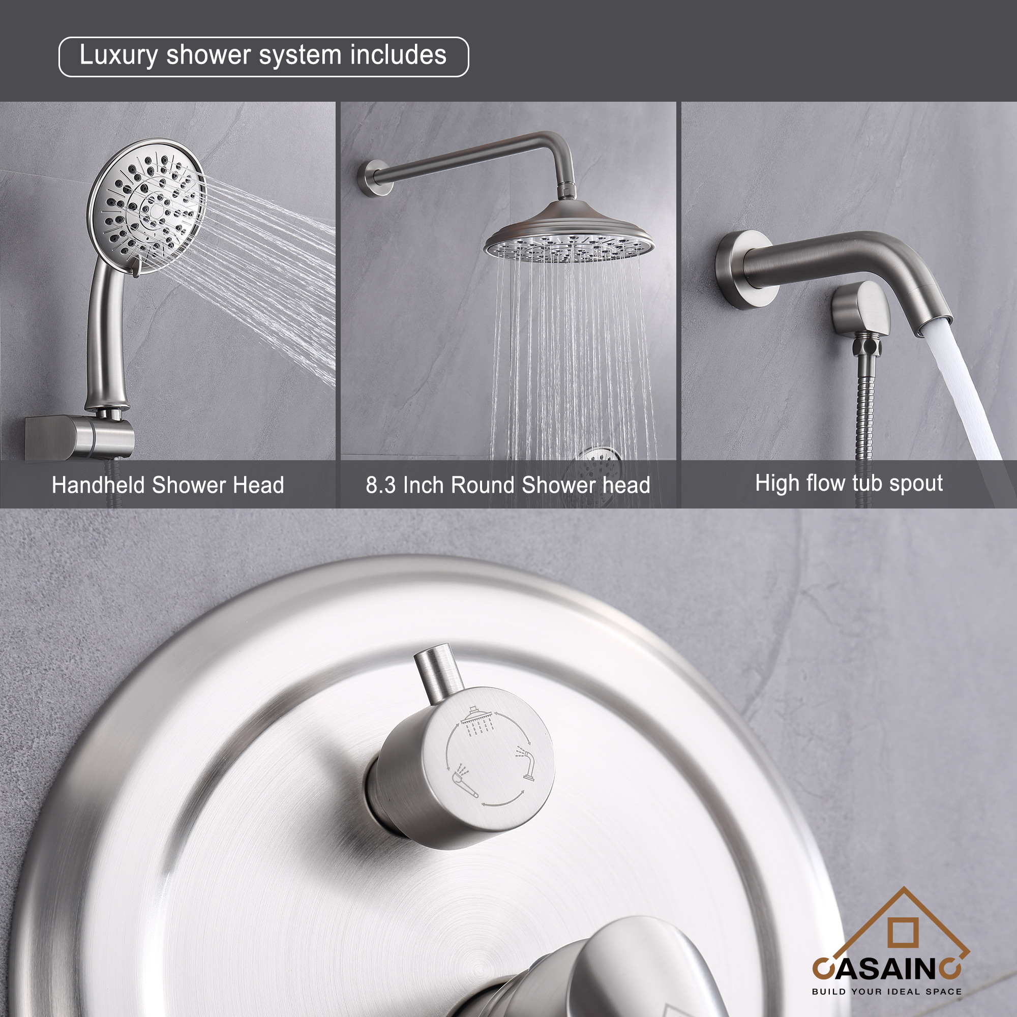 CASAINC 8.3 inch Wall-mounted rain shower faucet with pressure balanced valve