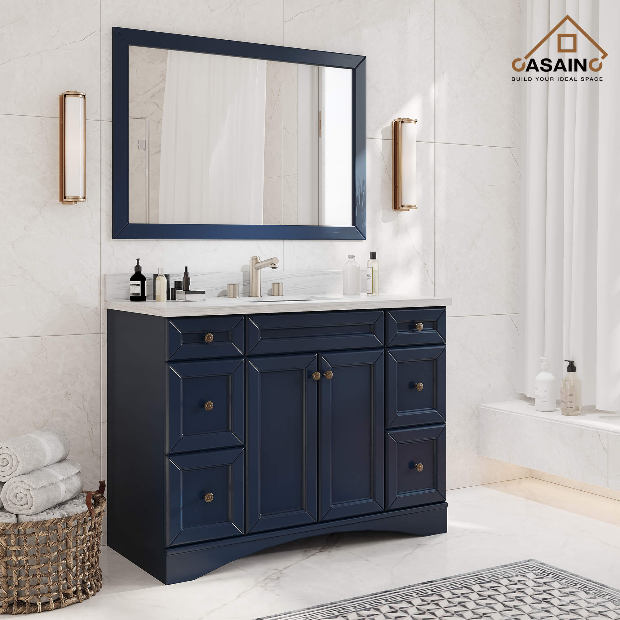 CASAINC 48 x 22 x 35.4 in. Solid Wood Navy Blue Bath Vanity with Carrara White Marble Countertop (No/With Mirror)