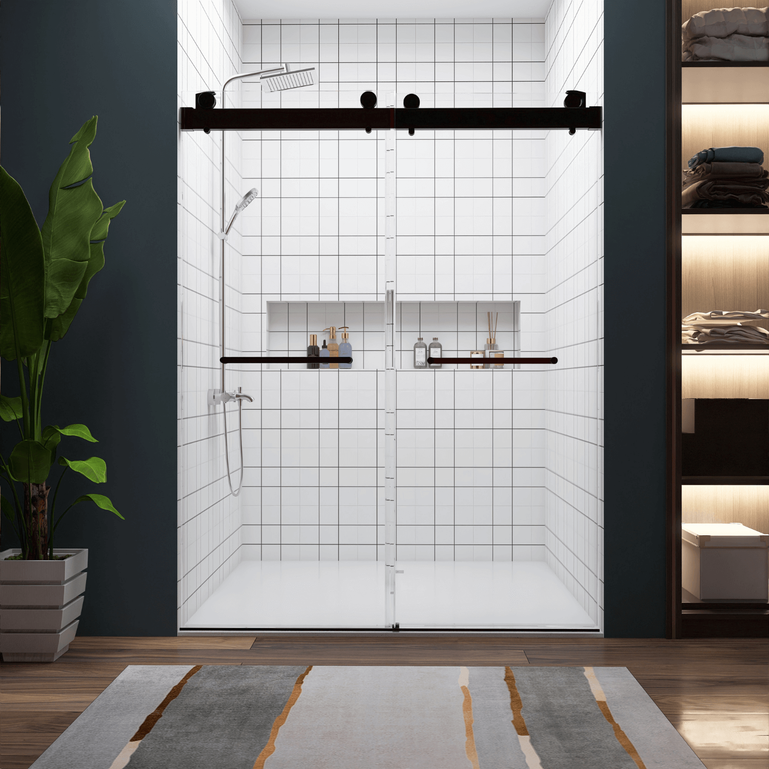 60"/72"W x 79"H Frameless Double Sliding Shower Door with Towel Bar and Stainless Hardware in Matte Black