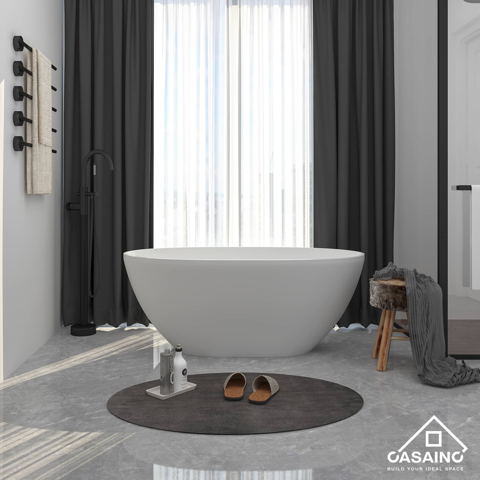 CASAINC 55 in. Solid Surface Free-Standing Bathtub with Centre Drain in Matte White