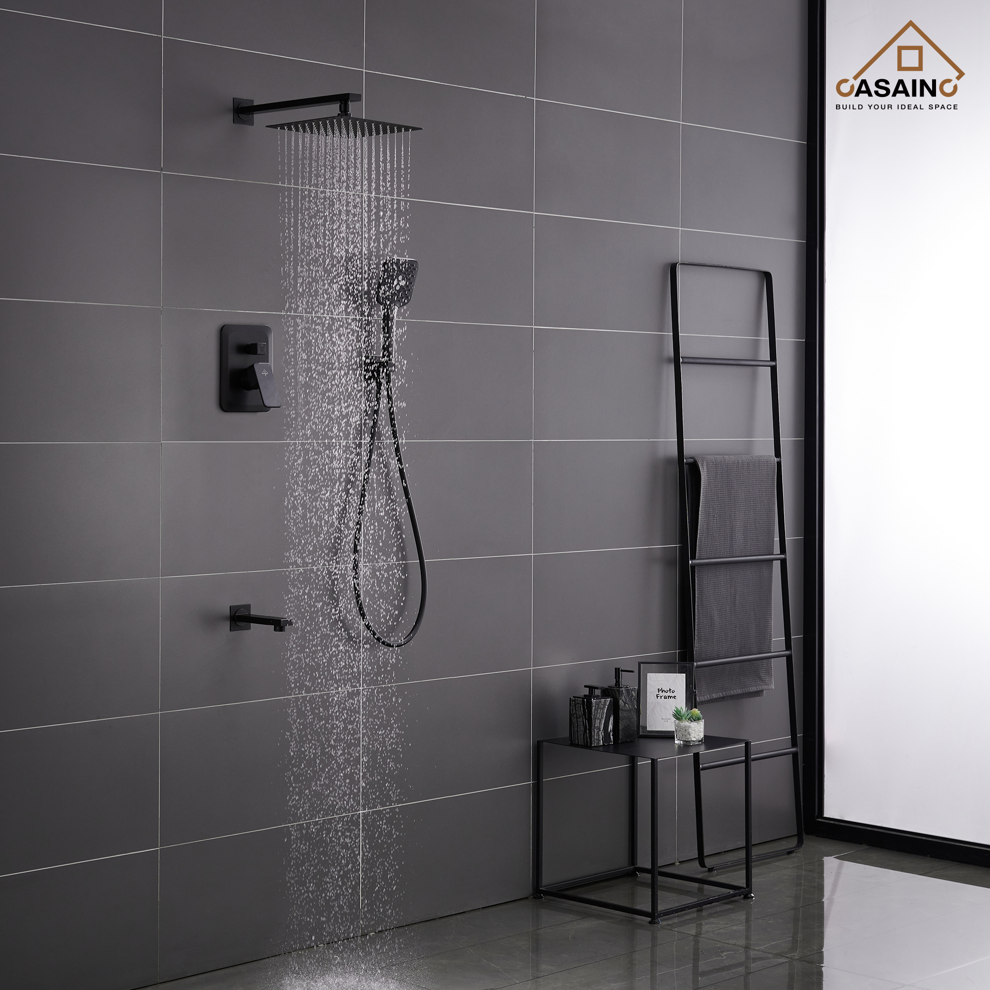 CASAINC 10 inch Square Wall-mounted rain shower faucet with pressure balanced valve