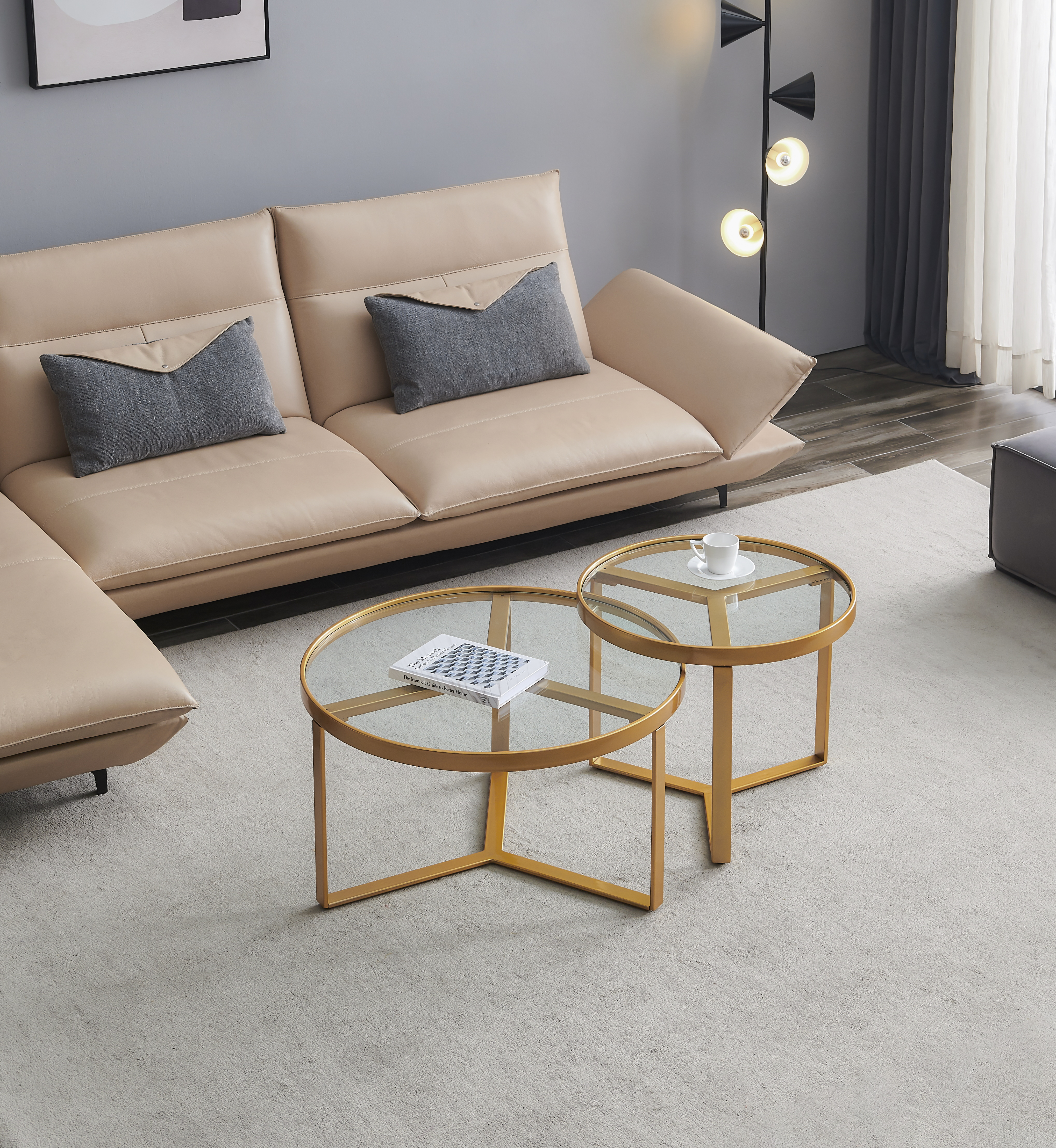 Modern Nesting coffee table,Golden metal frame with round tempered glass tabletop-CASAINC
