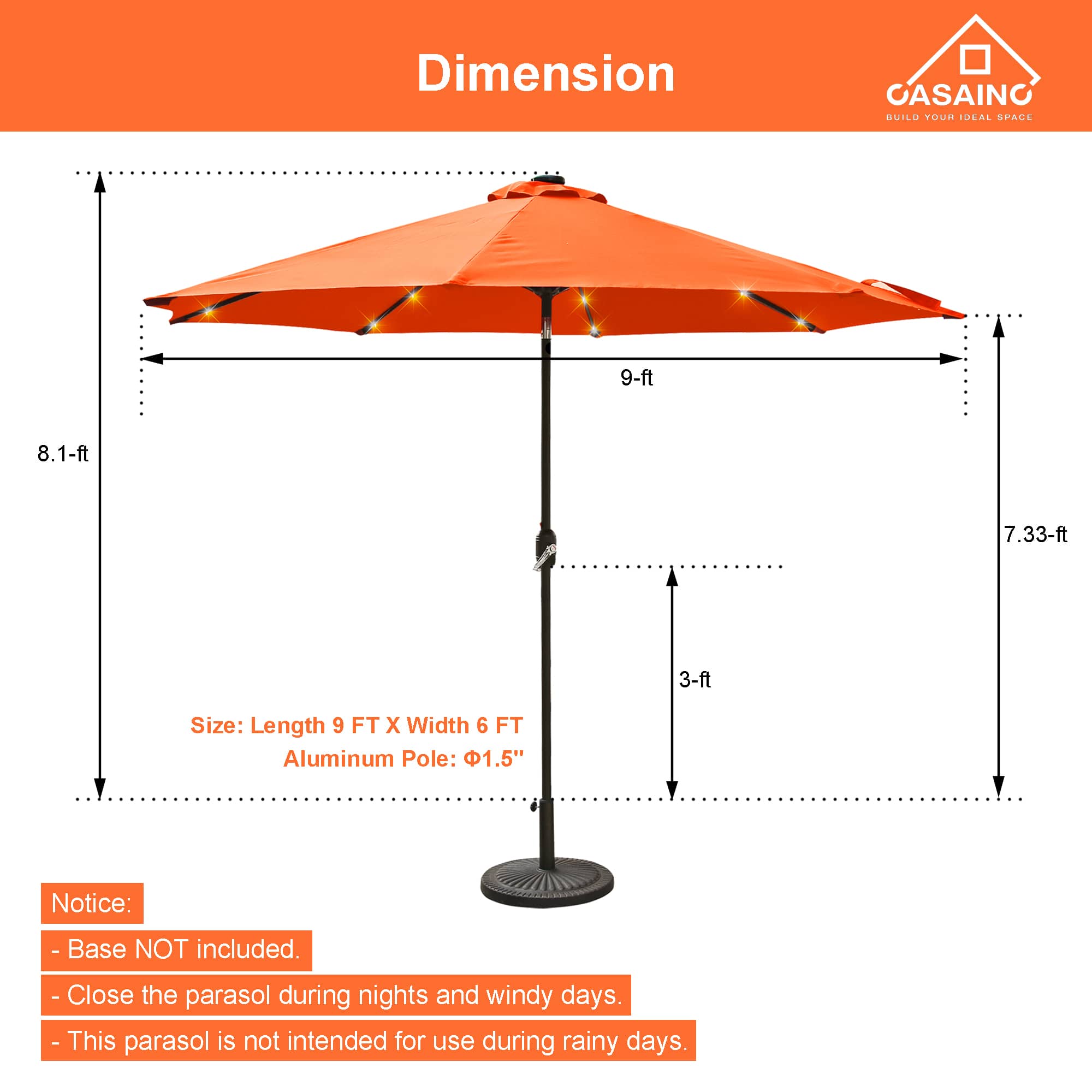 CASAINC 9Ft Patio Umbrella with 32 LED Solar Lights