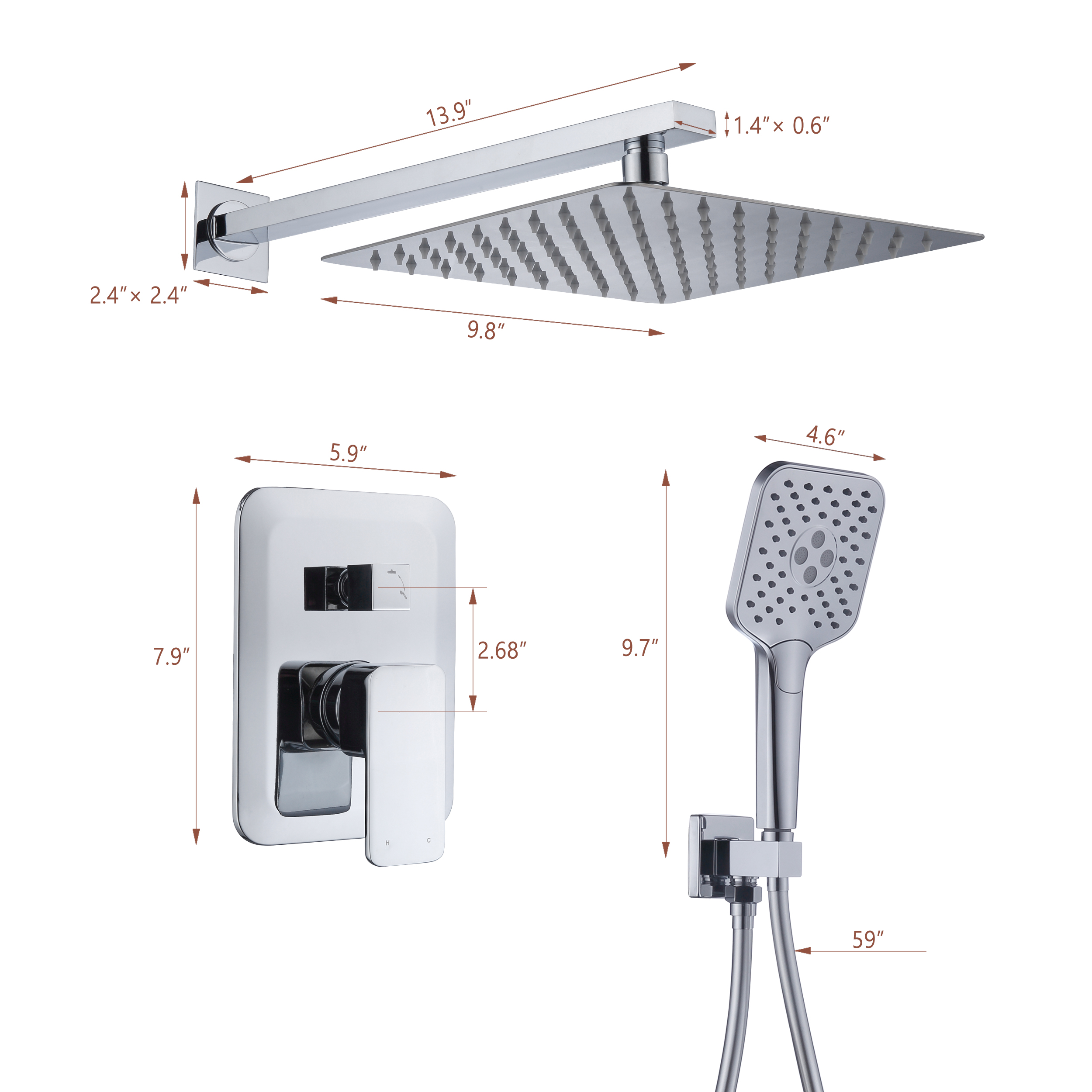 CASAINC 9.8" Square Wall-mounted Rain Shower Faucet with Pressure Balanced Valve