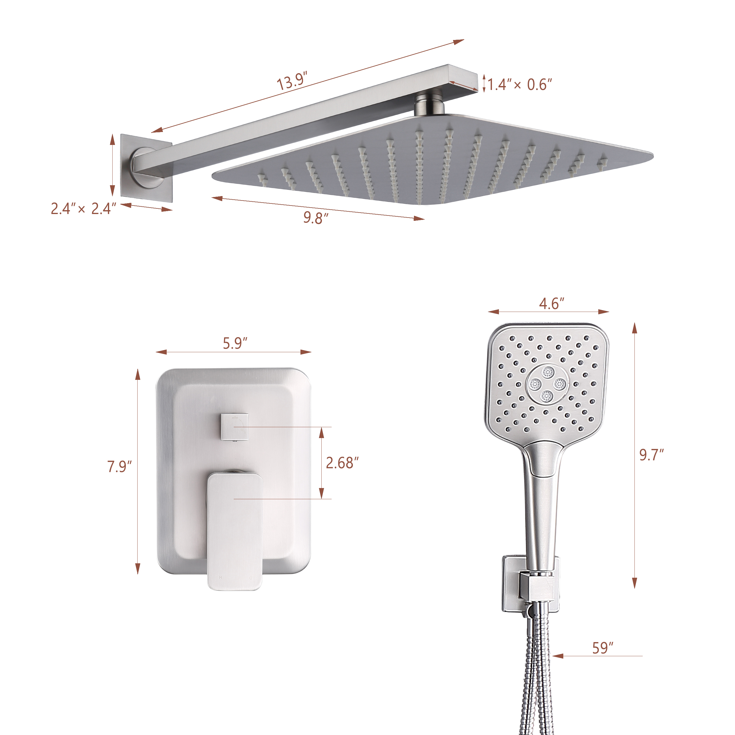 CASAINC 9.8" Square Wall-mounted Rain Shower Faucet with Pressure Balanced Valve