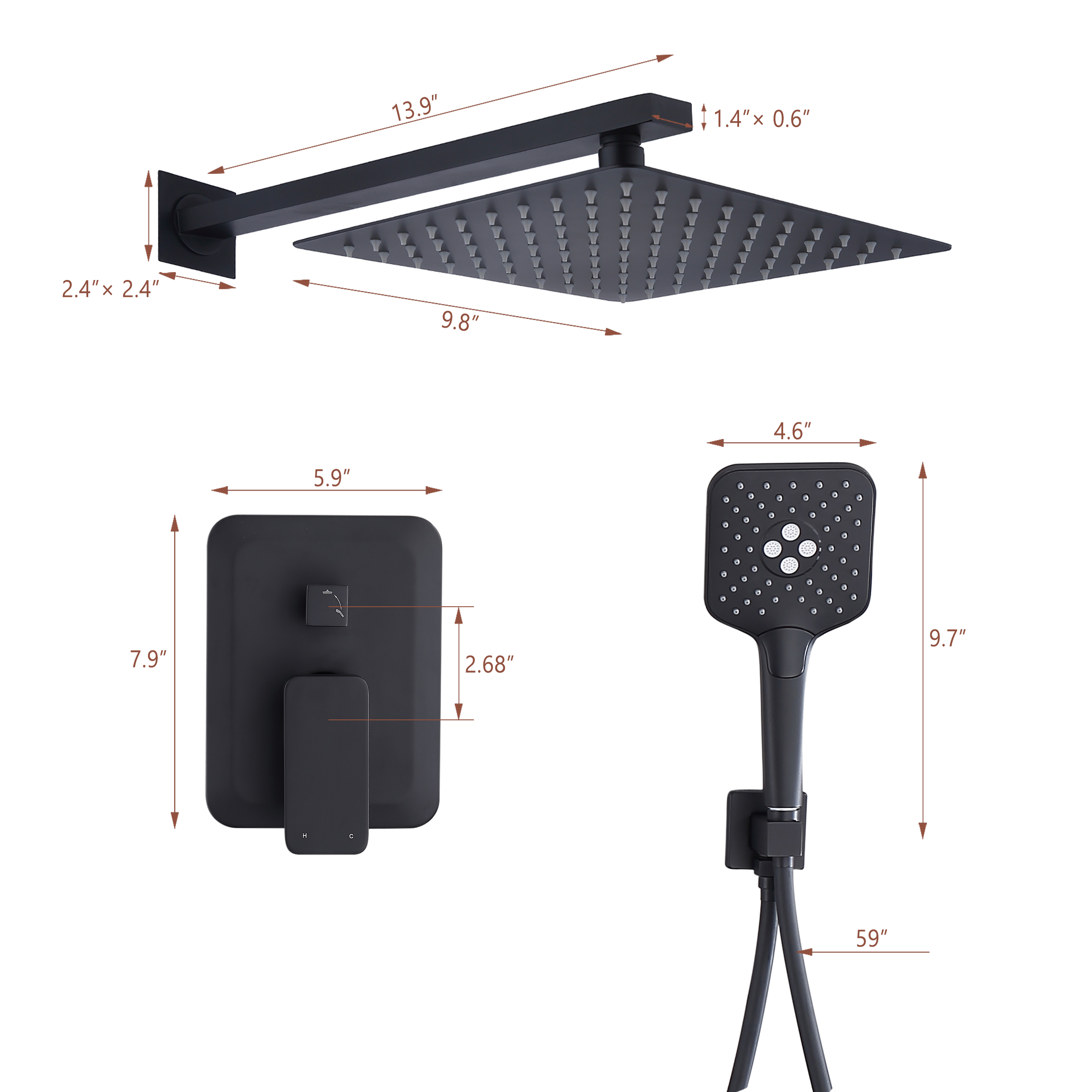 CASAINC 9.8" Square Wall-mounted Rain Shower Faucet with Pressure Balanced Valve