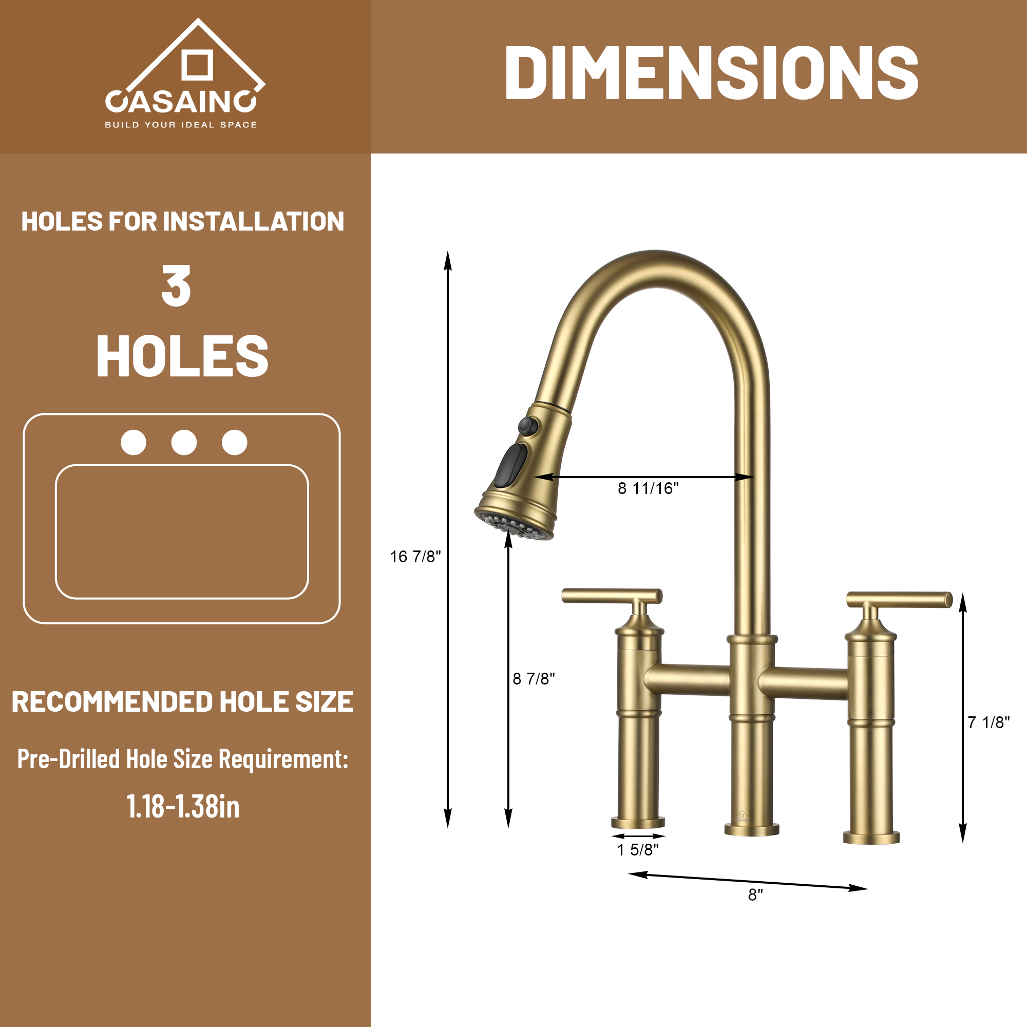 Pull-Down Bridge Kitchen Faucet in Matte Black/Brushed Nickel/Brushed Gold
