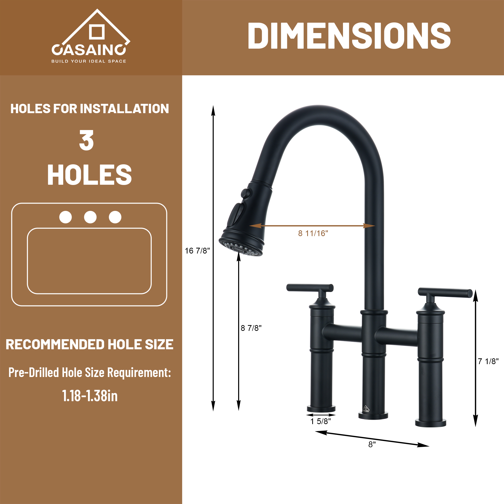 Pull-Down Bridge Kitchen Faucet in Matte Black/Brushed Nickel/Brushed Gold