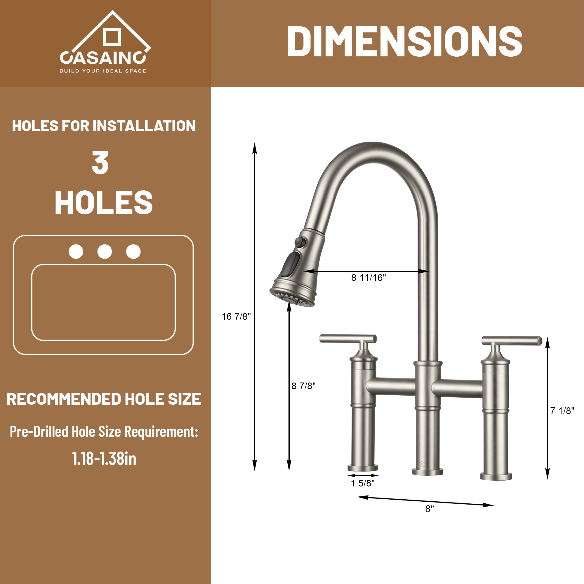 Pull-Down Bridge Kitchen Faucet in Matte Black/Brushed Nickel/Brushed Gold