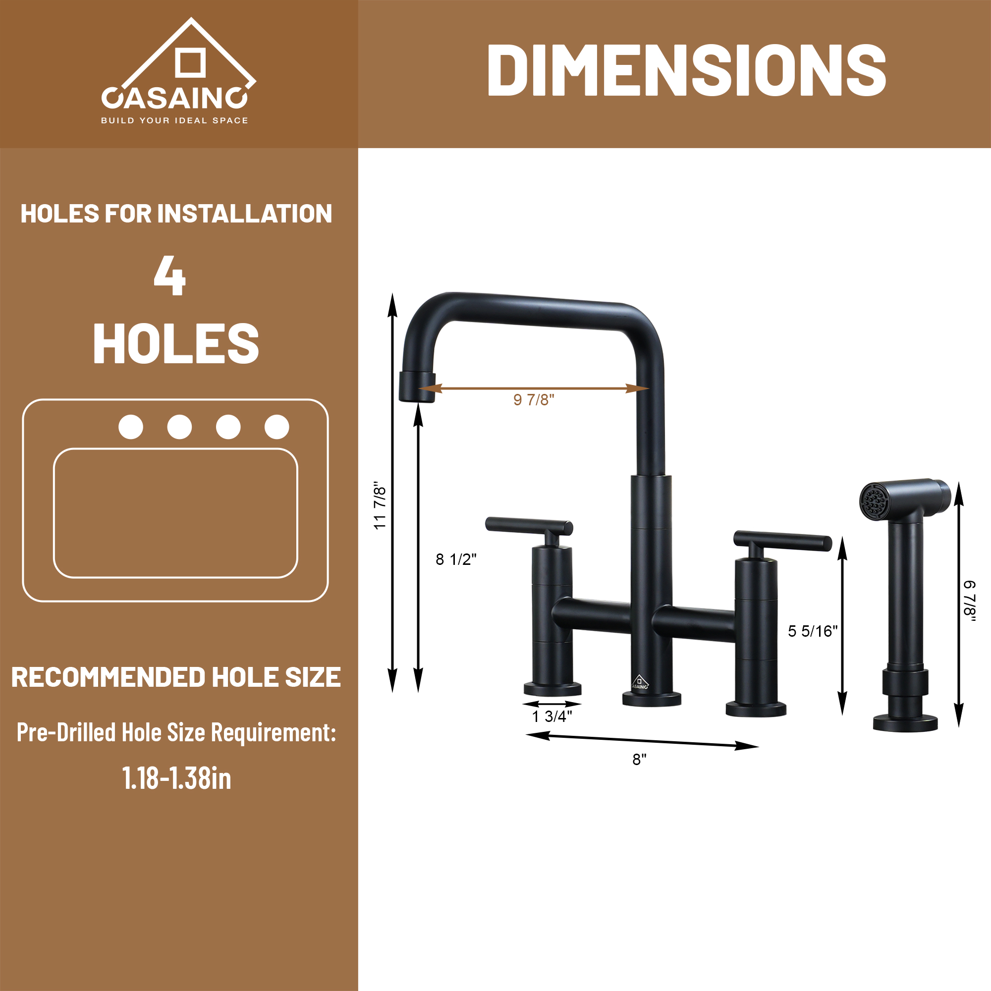 2-Handle Bridge Kitchen Faucet with Pull-Out Side Sprayer in Matte Black/Brushed Nickel/Brushed Gold