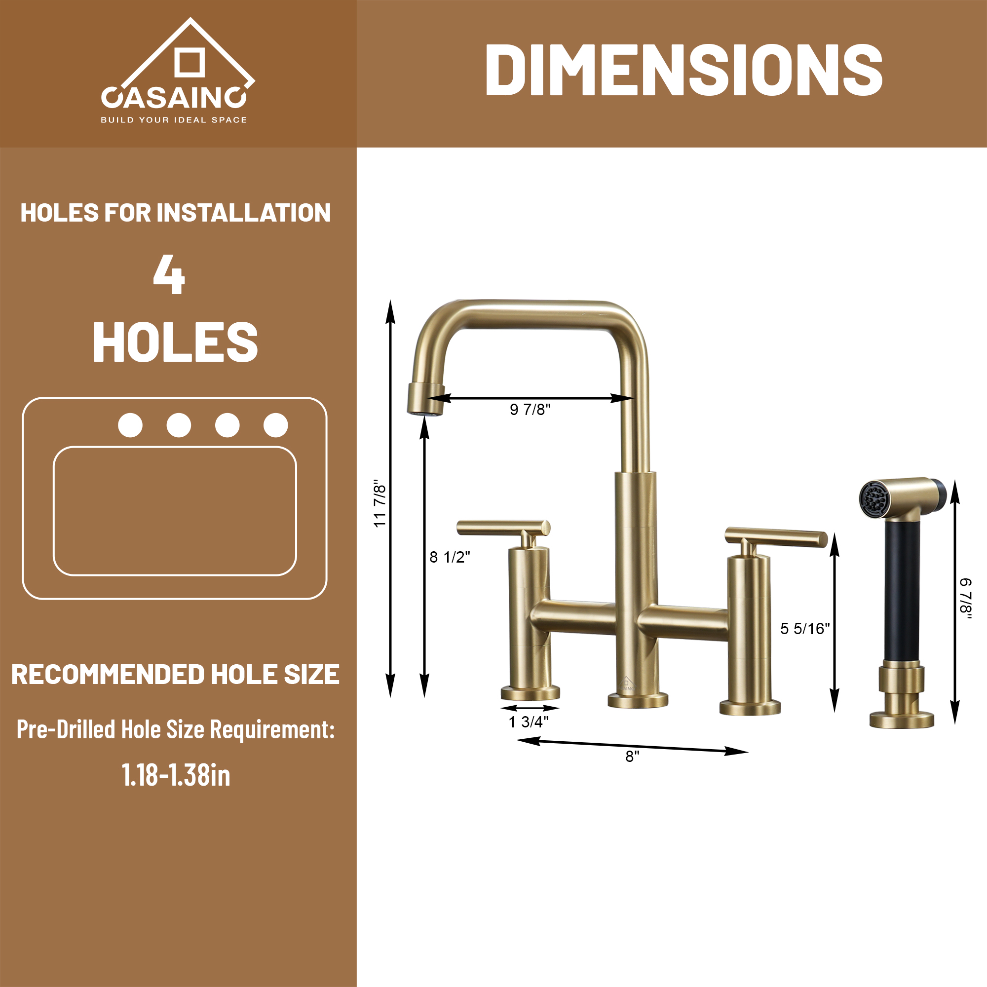 2-Handle Bridge Kitchen Faucet with Pull-Out Side Sprayer in Matte Black/Brushed Nickel/Brushed Gold