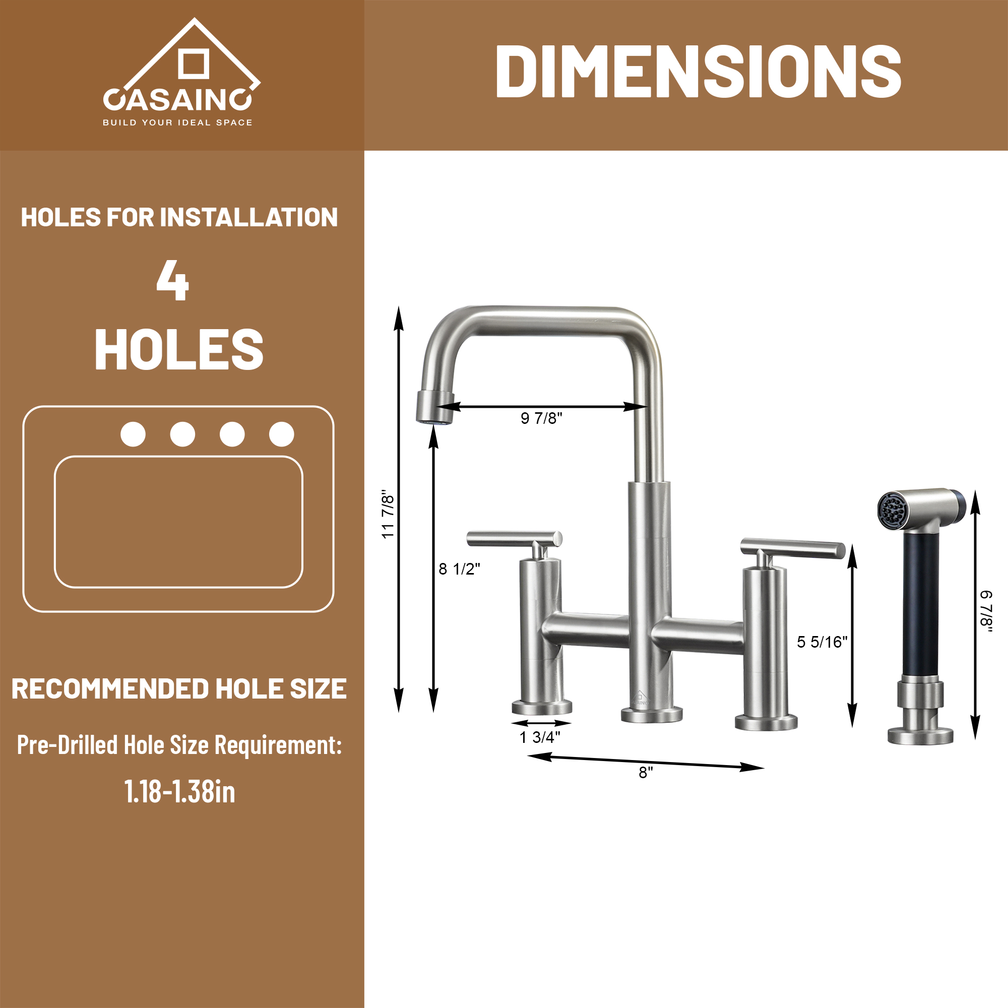 2-Handle Bridge Kitchen Faucet with Pull-Out Side Sprayer in Matte Black/Brushed Nickel/Brushed Gold