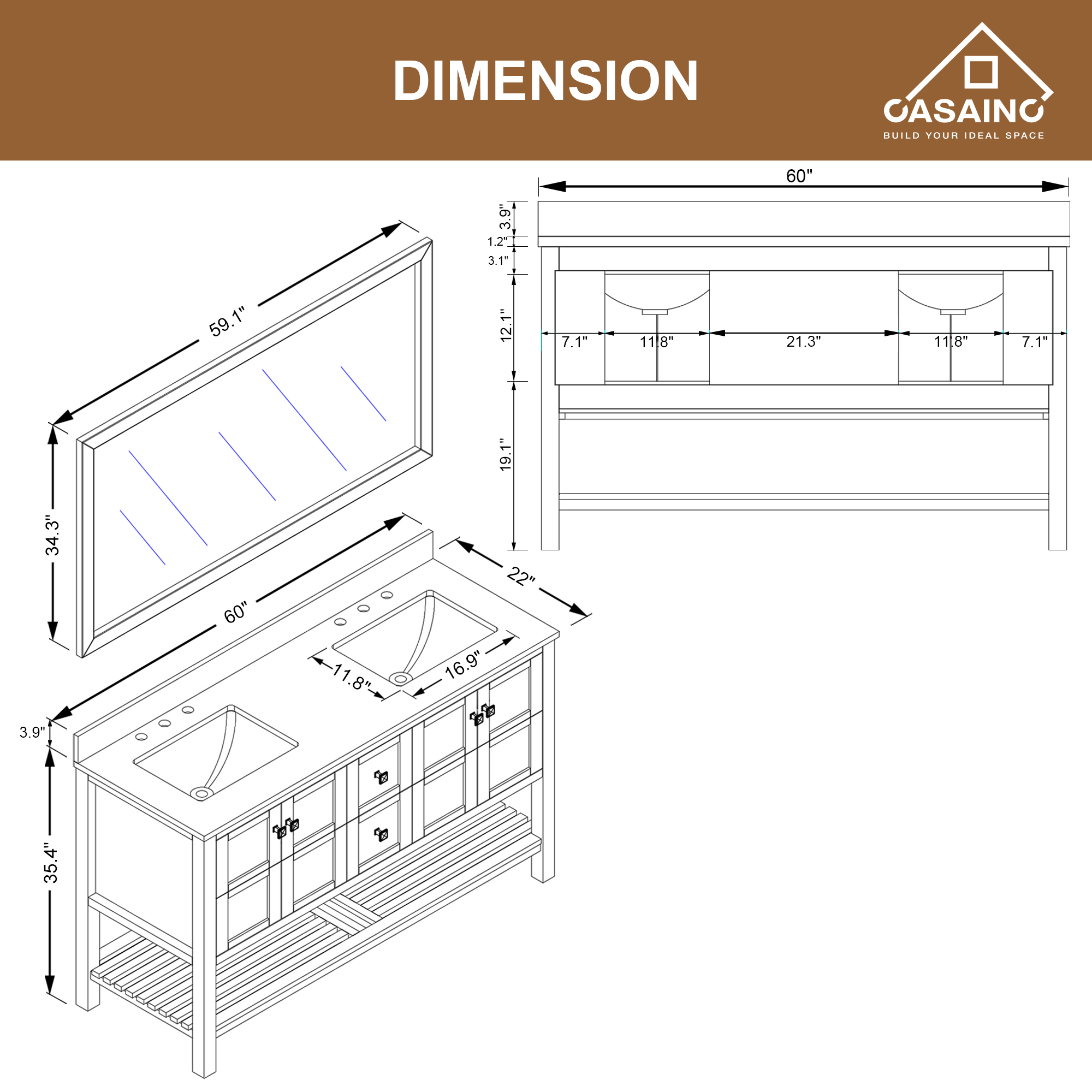 CASAINC Bathroom Vanity 60 x 22 x 35.4 with 1.2" Thickness Countertop & Backsplash, Bothe Side Rectangular Sink, 4 Soft Closing Doors, 2 Dove Tail Drawer Construction, Soft Close Drawer Hinges, Gray, White (With Mirror)