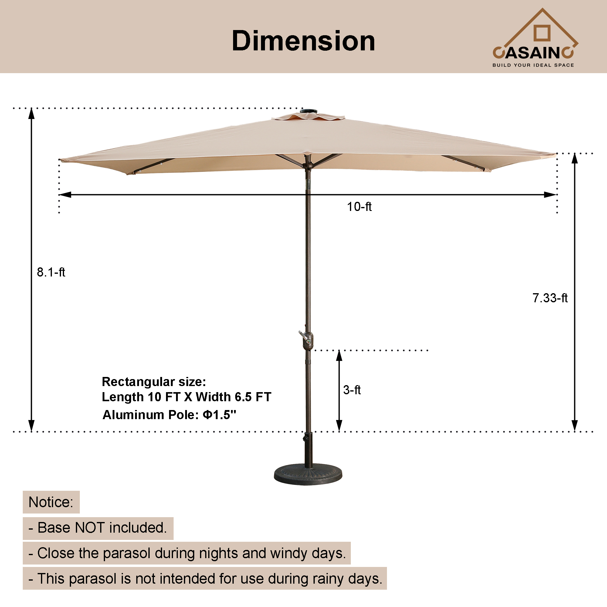CASAINC 10Ft Rectangular Outdoor Umbrella with 26 LED Lights