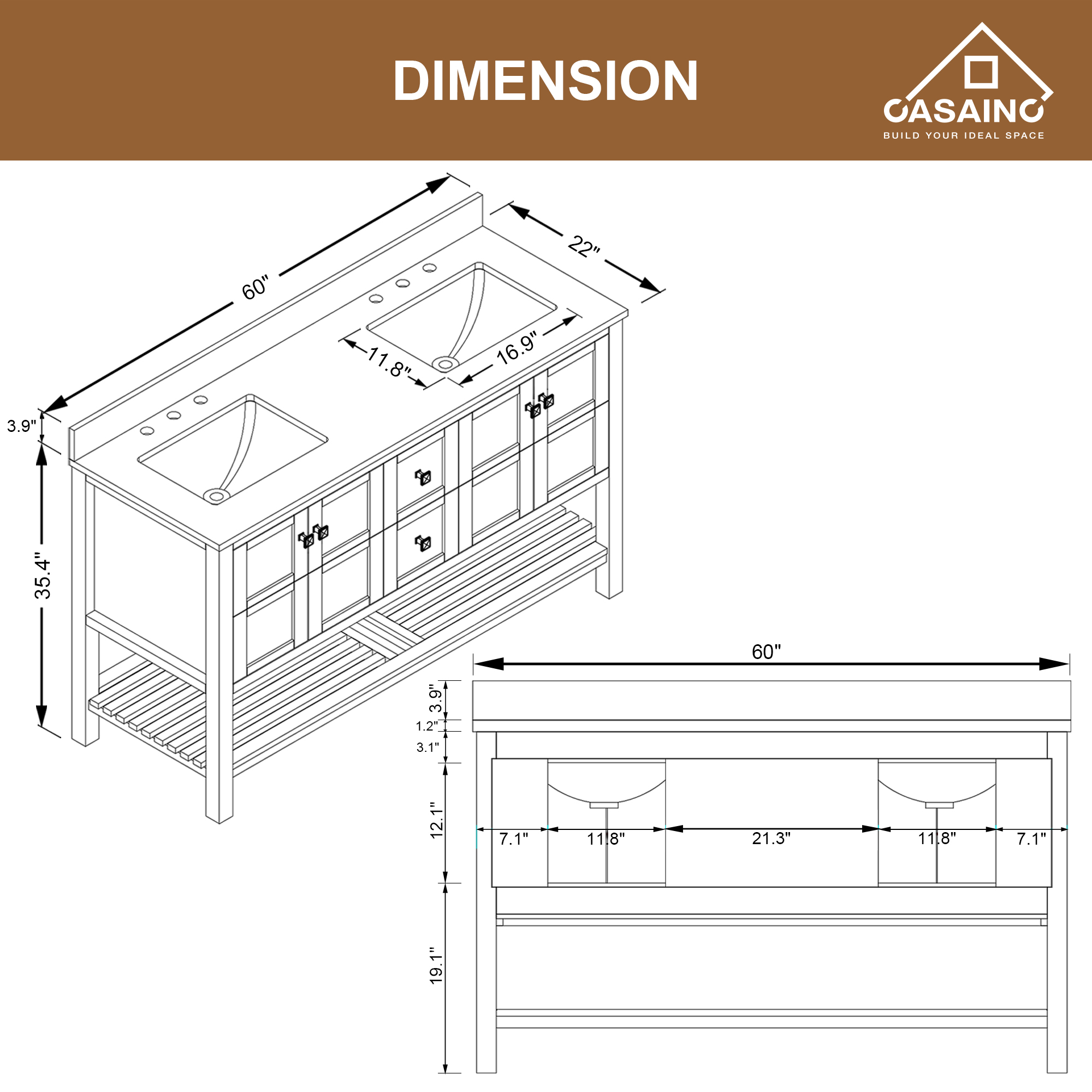 CASAINC Bathroom Vanity 60 x 22 x 35.4 with 1.2" Thickness Countertop & Backsplash, Bothe Side Rectangular Sink, 4 Soft Closing Doors, 2 Dove Tail Drawer Construction, Soft Close Drawer Hinges, Gray, White (With Mirror)