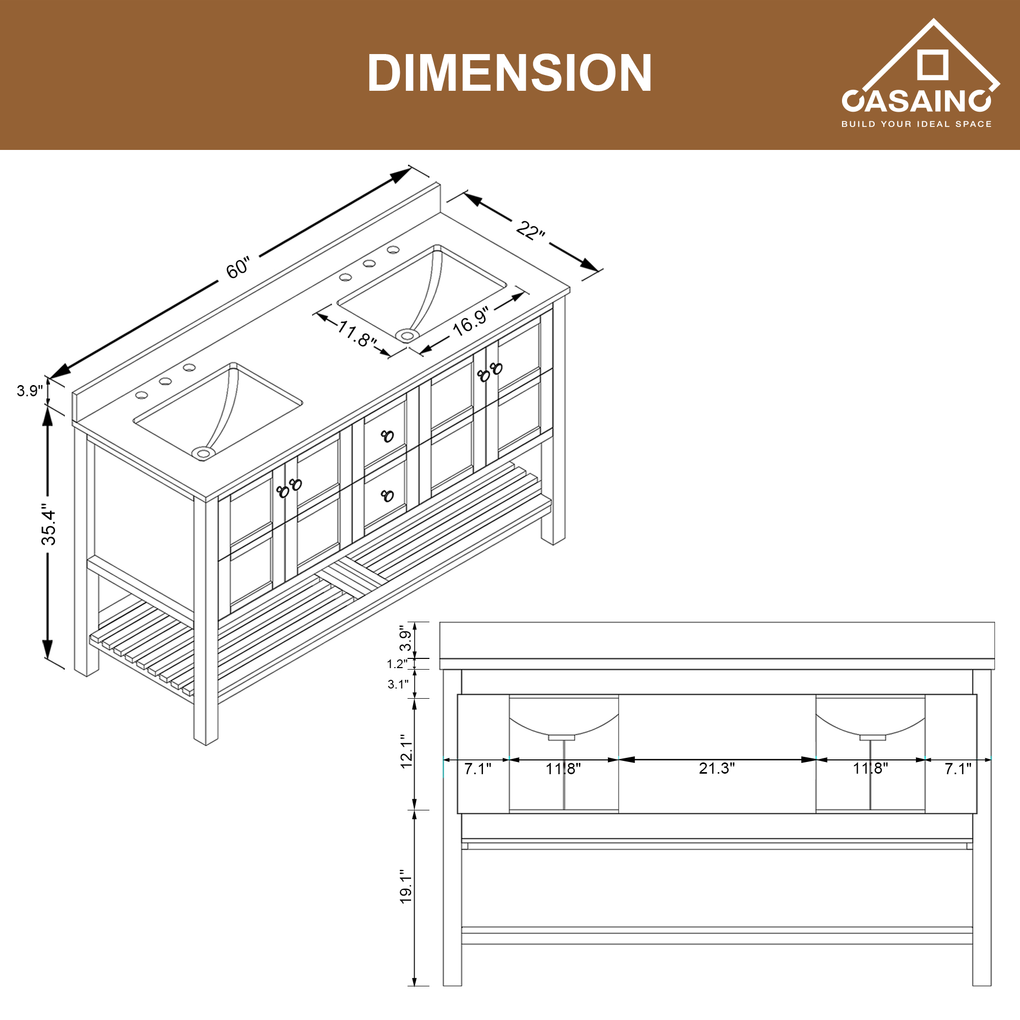 CASAINC Bathroom Vanity 60 x 22 x 35.4 with 1.2" Thickness Countertop & Backsplash, Bothe Side Rectangular Sink, 4 Soft Closing Doors, 2 Dove Tail Drawer Construction, Soft Close Drawer Hinges, Gray, White (With Mirror)