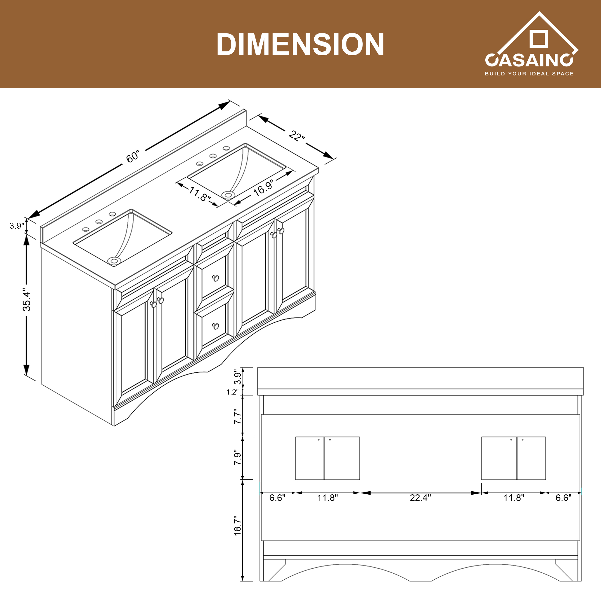 CASAINC 60" Solid Wood Bathroom Vanity with 1.2" Edge Italian Carrara Marble Countertop & Backsplash, Center Rectangular Sink, 4 Soft Closing Doors, 2 functional drawers, Grey, Matte White, Mirror, No Mirror