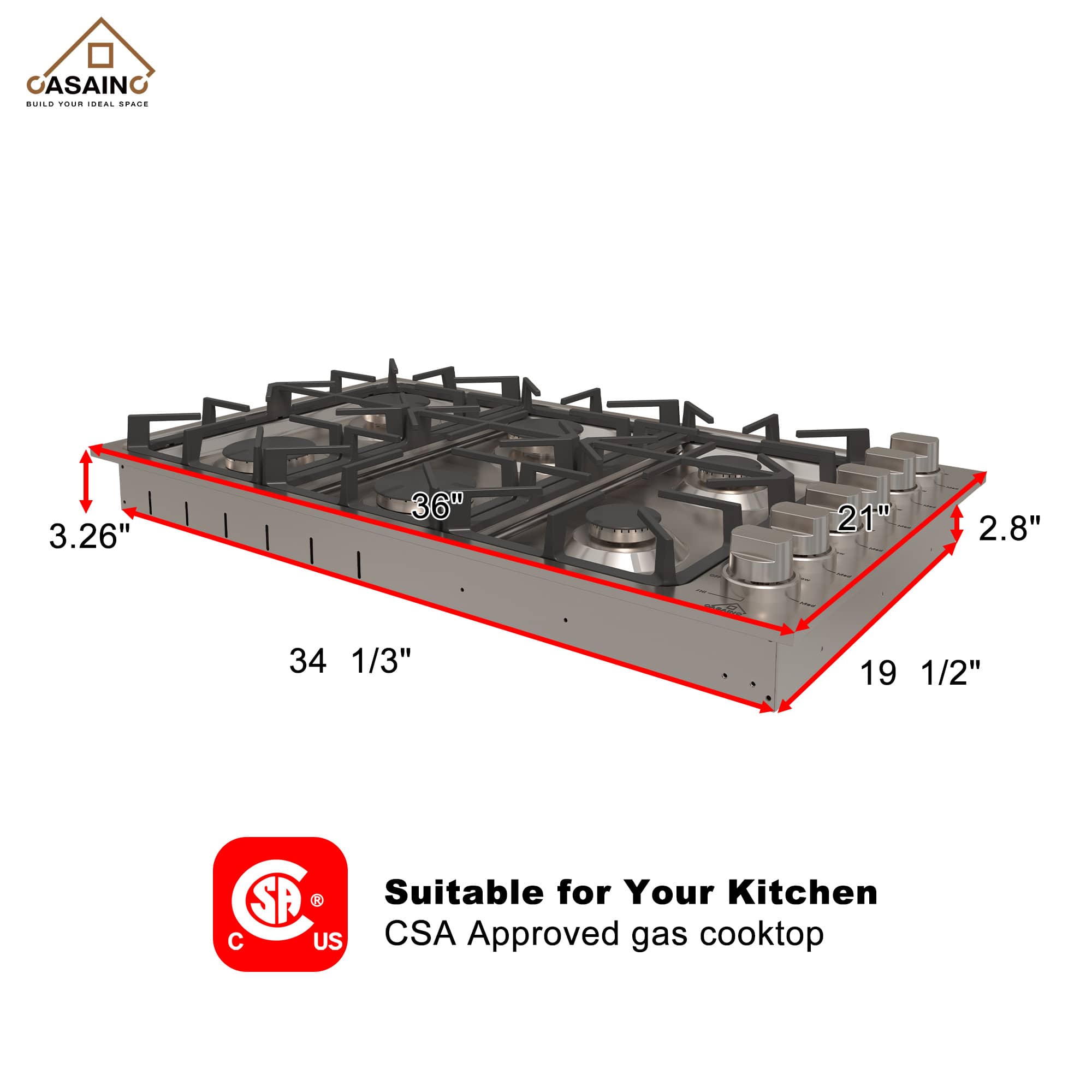 36-in 6 Burners Stainless Steel Gas Cooktop-CASAINC