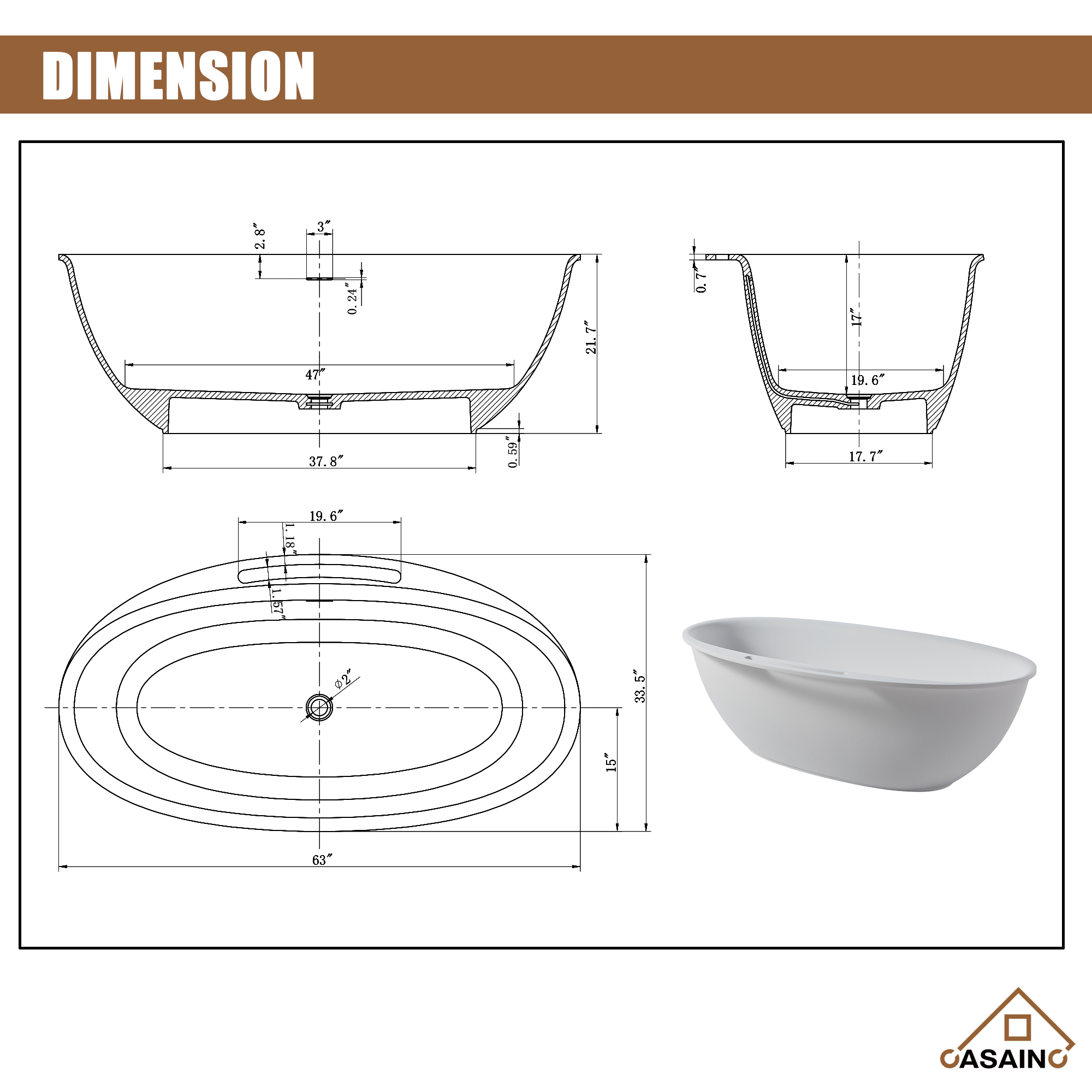 CASAINC 63" Solid Surface Freestanding Bathtub,Oval Shaped Stone Resin Freestanding Tubs with Overflow and  Drain, Matte Black, Matte Grey, Matte White