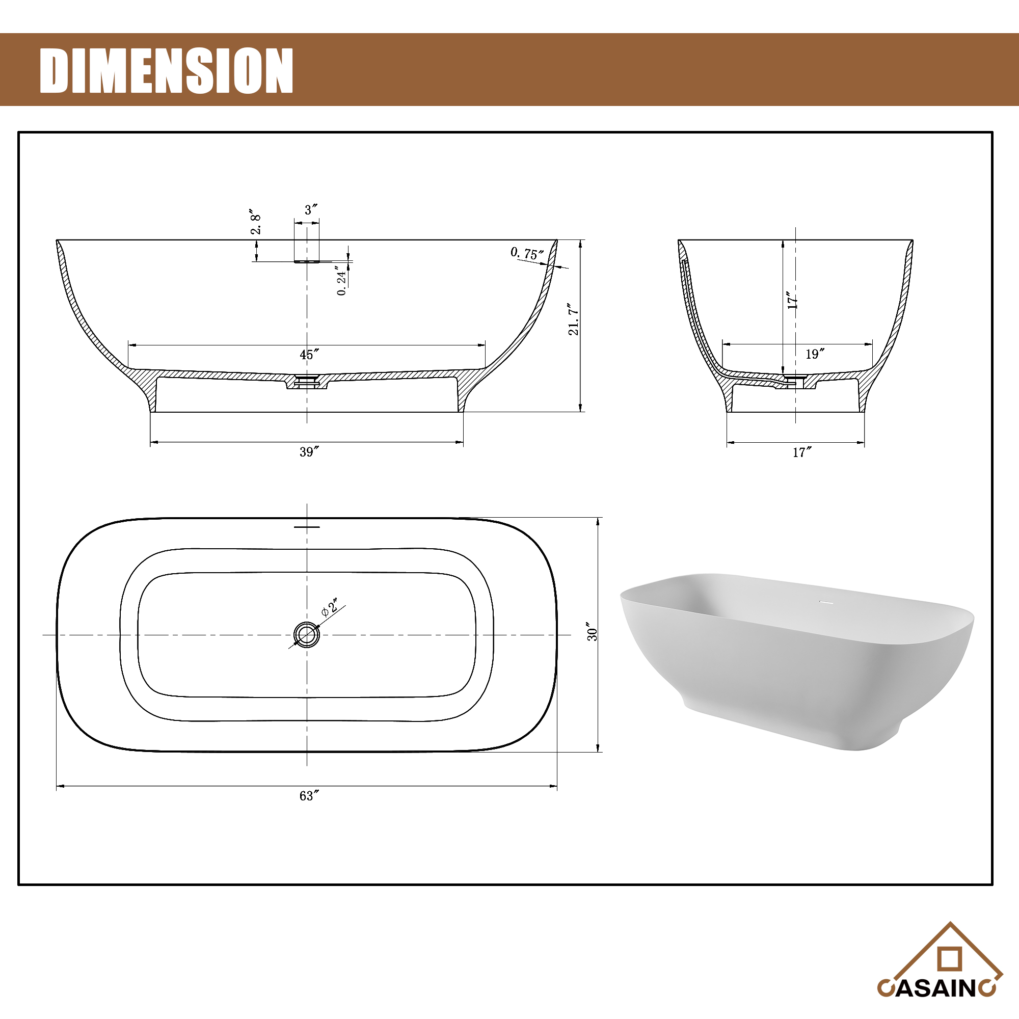 63 inches Solid Surface Freestanding Bathtub