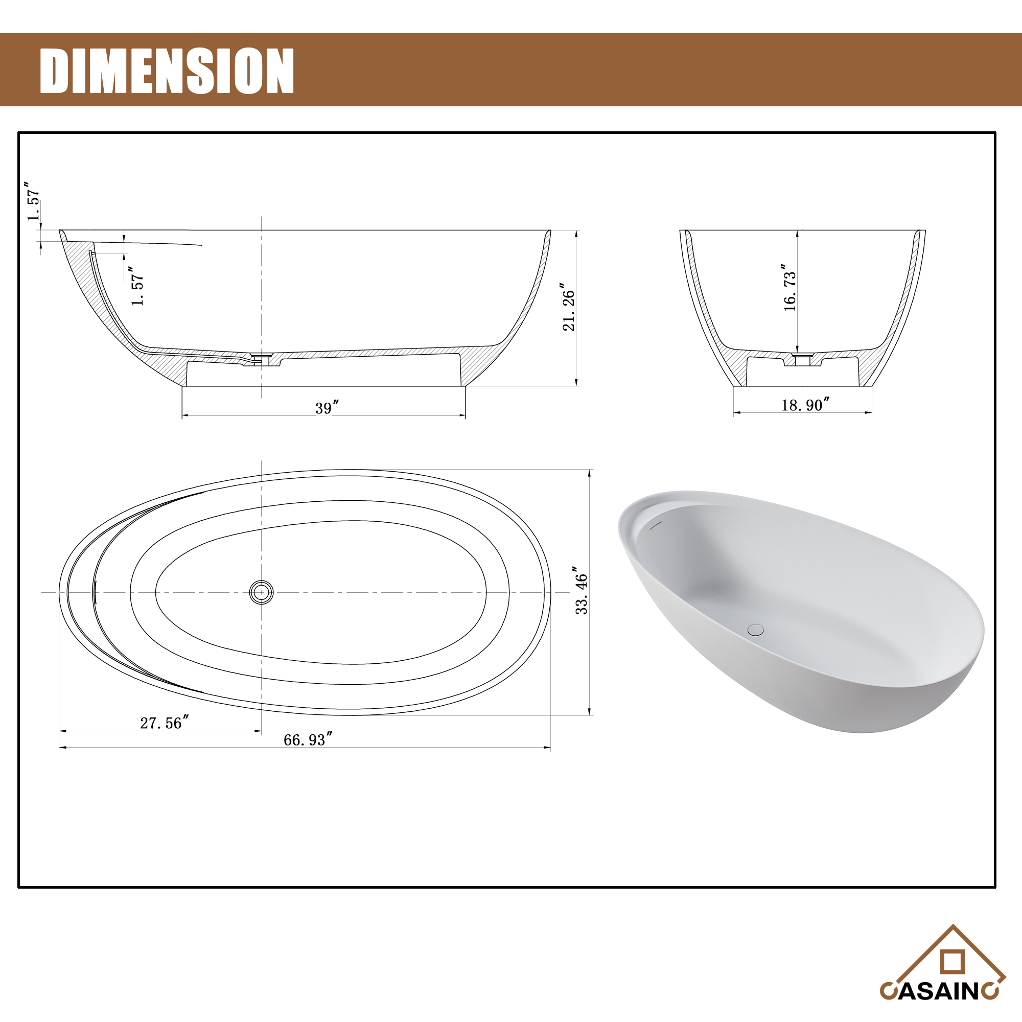 CASAINC 67" Solid Surface Freestanding Bathtub,Egg Shell Shaped Stone Resin Freestanding Tubs with Overflow and  Drain, Matte Black, Matte Grey, Matte White