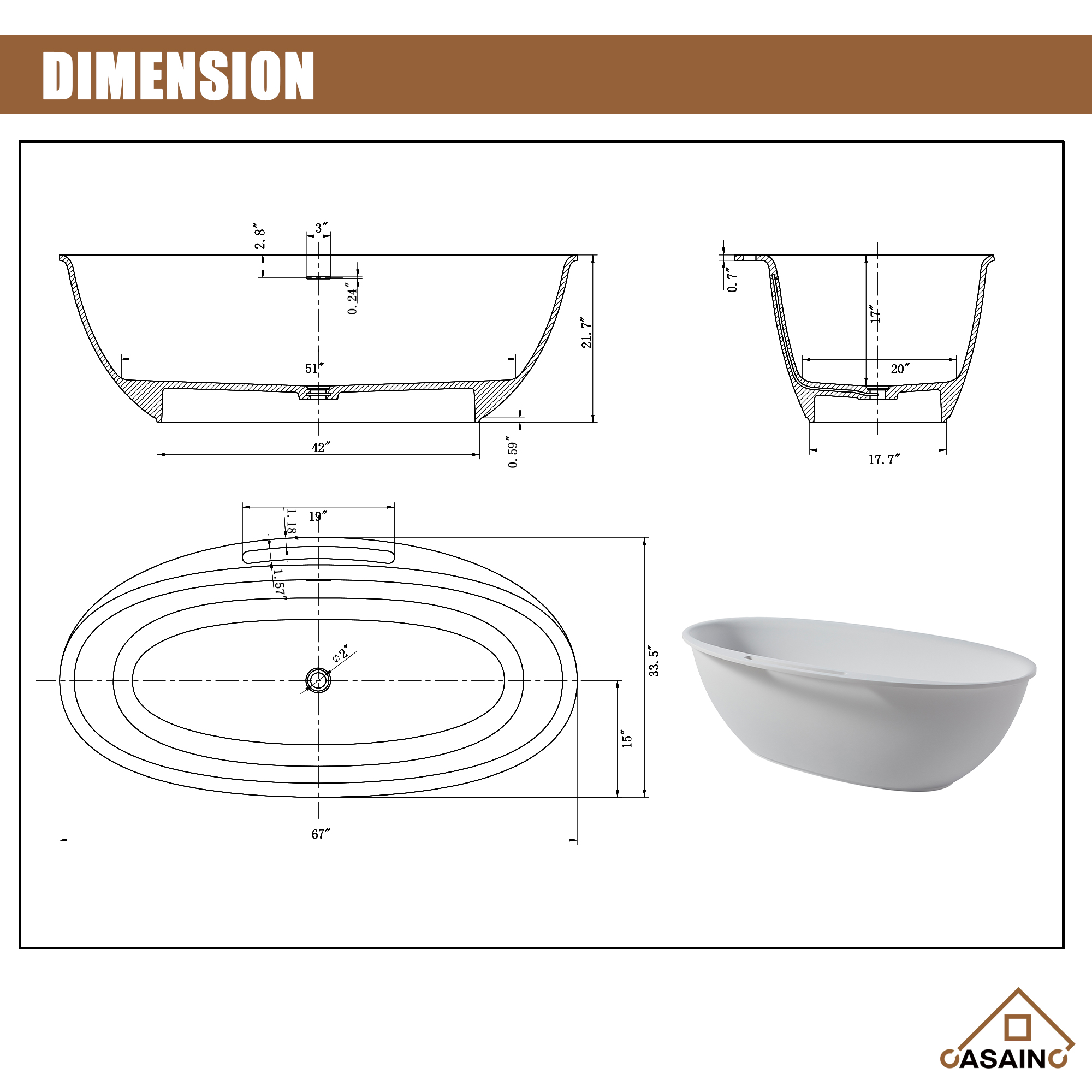 CASAINC 63" Solid Surface Freestanding Bathtub,Oval Shaped Stone Resin Freestanding Tubs with Overflow and  Drain, Matte Black, Matte Grey, Matte White