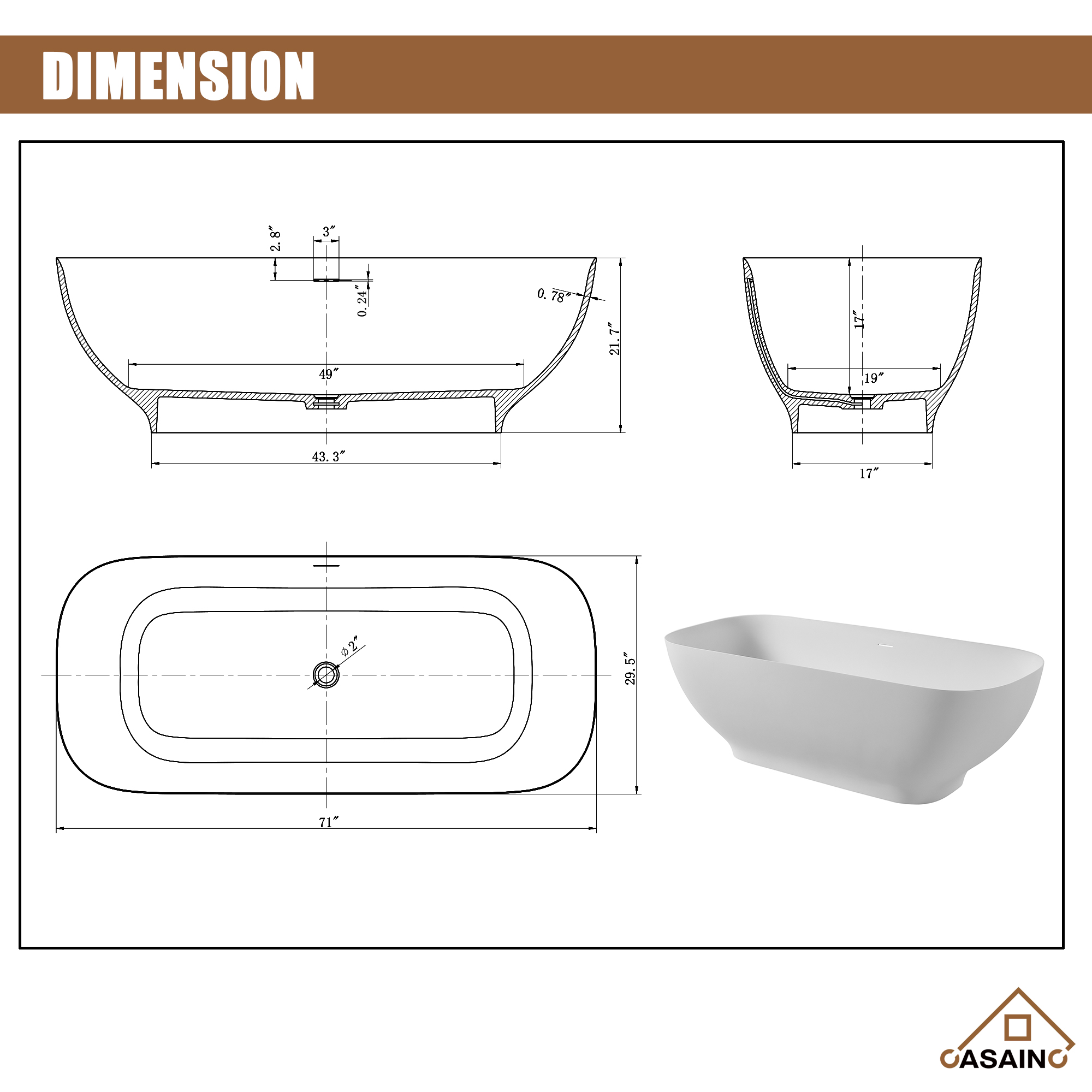 63 inches Solid Surface Freestanding Bathtub