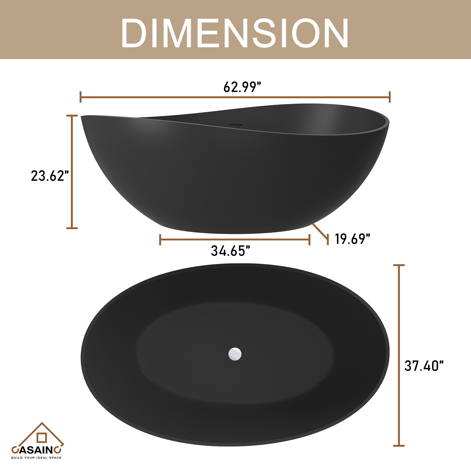 63" Solid Surface Freestanding Bathtub in (MatteBlack&Grey)