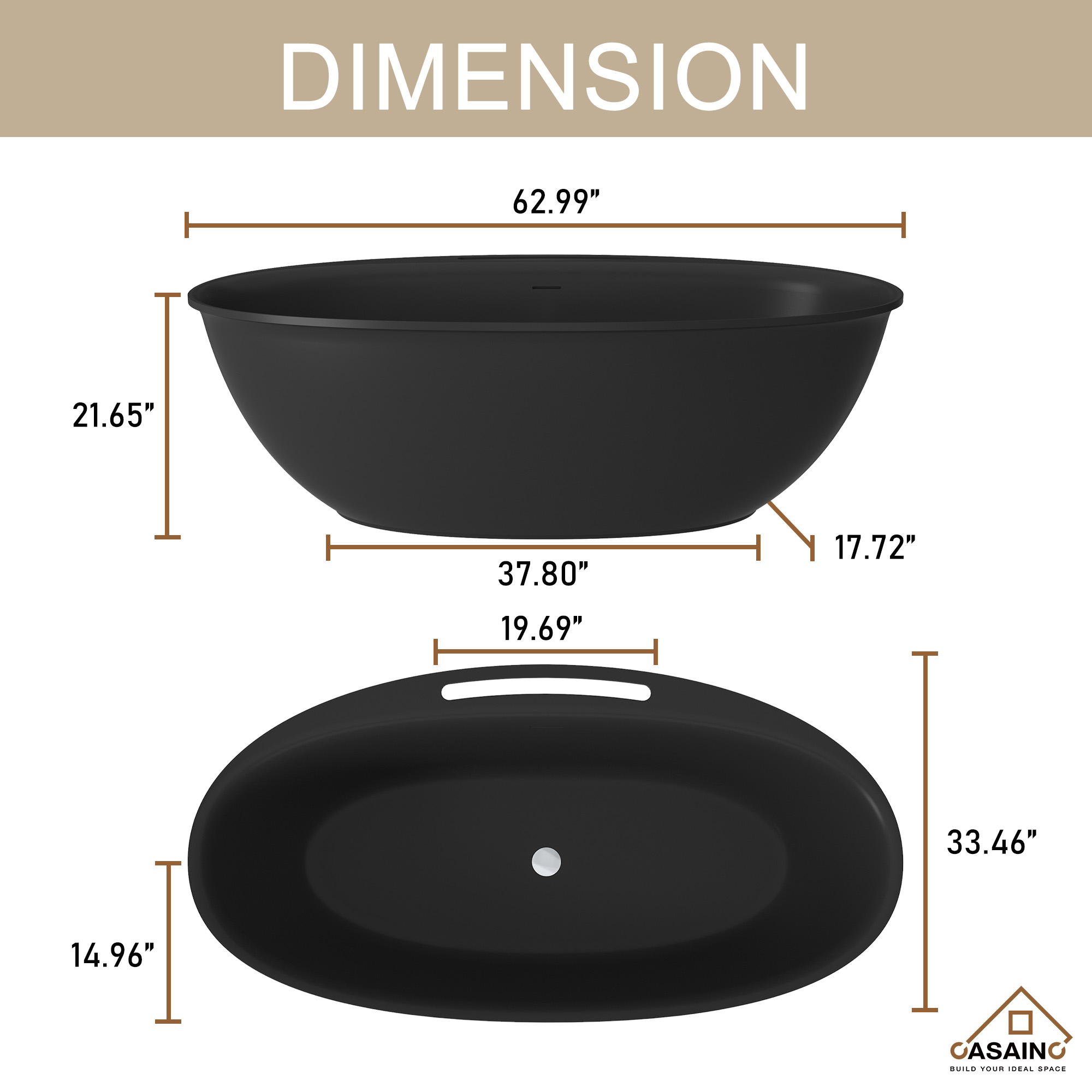 63" Solid Surface Freestanding Bathtub in Matte Black