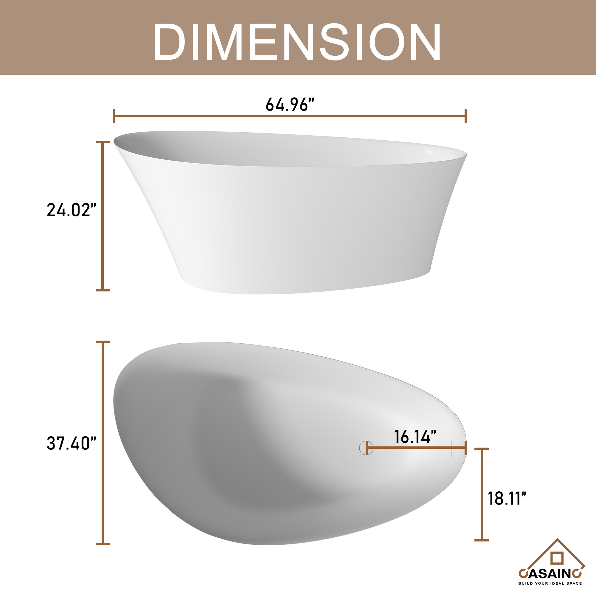 65" Solid Surface Freestanding Bathtub in Matte White