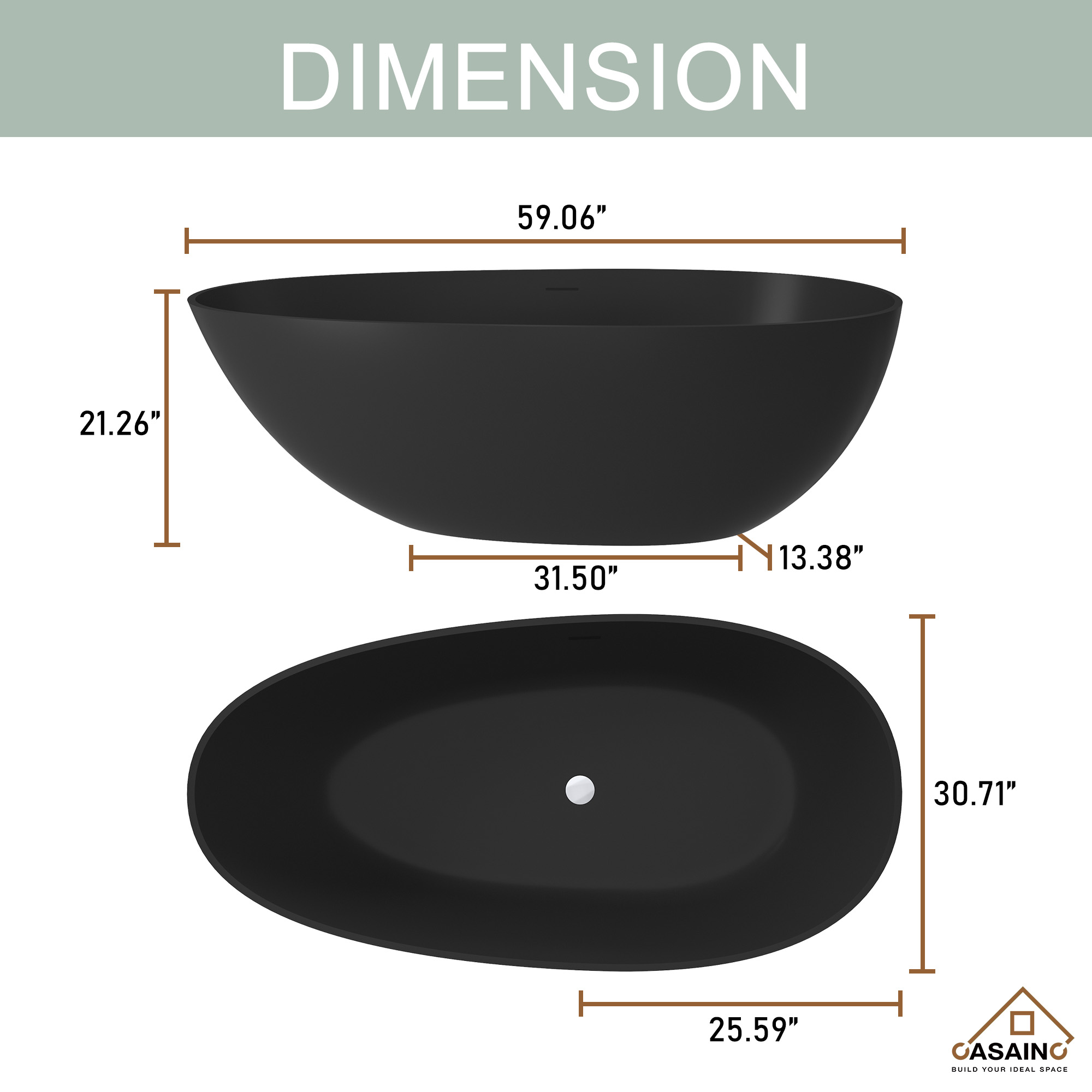 59" Solid Surface Freestanding Bathtub in (Matte Black& Grey)